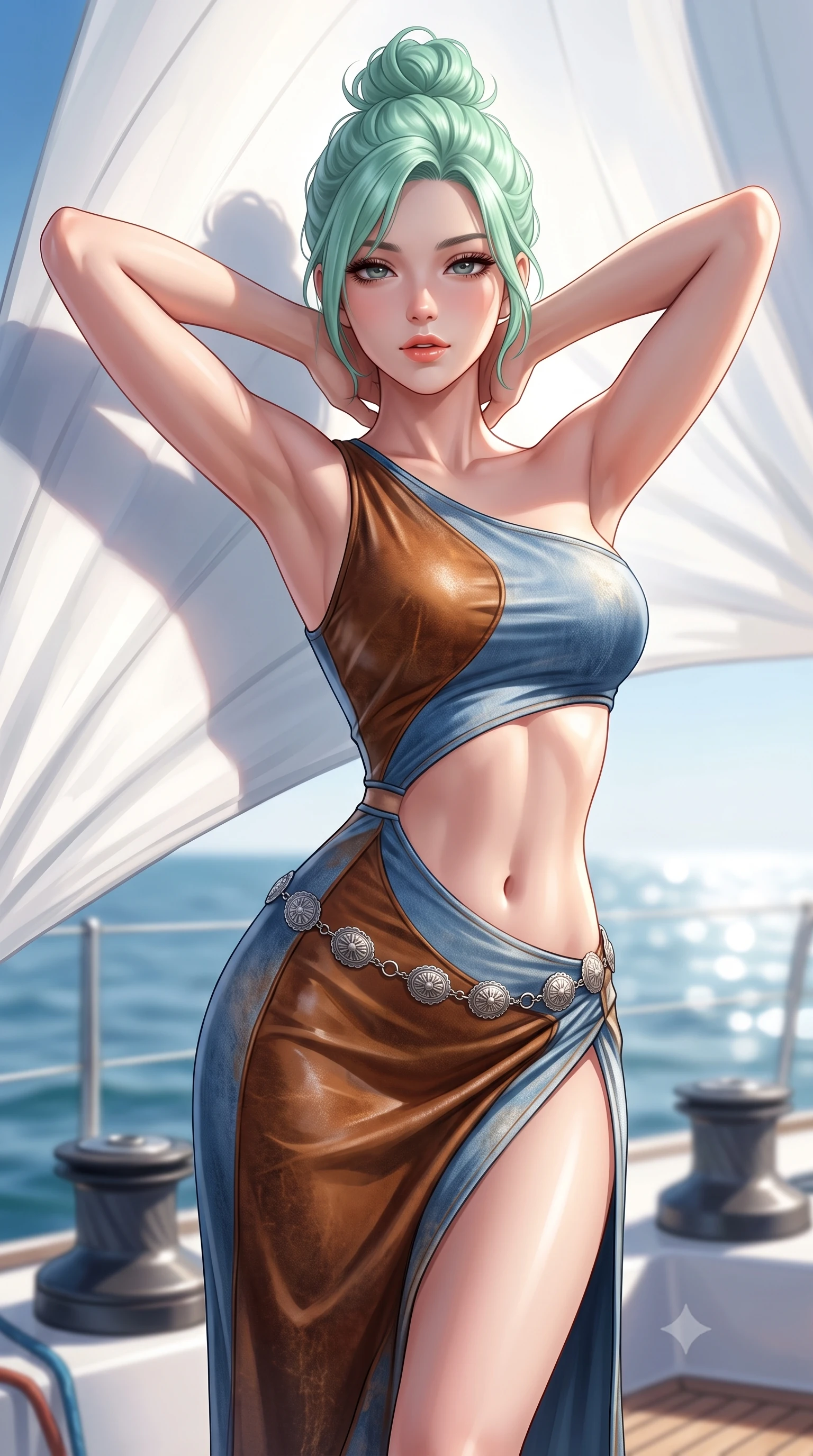 score_9, masterpiece, best quality, ultra-detailed, high-budget anime keyframe, semi-realistic 3D game render, editorial fashion photography, tasteful artistic composition, Japanese woman. close-up cowboy shot from the waist and thighs up, the character dominates the composition, filling the frame with her large presence. resting both hands lightly behind her neck with elbows raised, arching her spine to highlight her narrow waist, flat midriff, and breathtaking collarbones while twisting her slender torso in an alluring S-curve, billowing white spinnaker sail casting soft shadow gradients across her curves. The background shows a soft-focus racing yacht halyard winches softened in high-seas nautical shallow focus. She has an exceptionally elegant, slender, and willowy female figure with an ultra-slim waist, flat toned midriff, narrow ribcage, and sculpted feminine hips creating an alluring, slim hourglass silhouette without bulk. sharp v-shaped jawline, high-bridge nose, sparkling eyes with hypnotic seductive depth, thick curled eyelashes, glossy parted lips with a natural dewy peach sheen, alluring bedroom-eyes with an enchanting coquettish smile, exuding magnetic siren charisma and sophisticated glamour, flawlessly proportioned anatomical accuracy, strict slender model proportions, natural body alignment, perfectly sculpted long slender limbs, ultra-slim waistline, clean dynamic posture without body distortion. wearing an asymmetric one-shoulder liquid jersey resort gown with dramatic hip-high slit and waist cutout in distressed whiskey leather brown and sun-bleached denim blue, woven from buttery-soft stretch lambskin leather adhering to her body like a second skin, accented with an intricate silver concho waist chain resting loosely on her curvy hips, the high-slit wrap tailoring accentuating her ultra-slim waistline and the enchanting curve of her feminine hips with alluring seductive charm. bathed in intense maritime sunlight reflecting from open Mediterranean waters and crisp white sails. highly saturated vibrant anime colors, detailed shading with soft gradients, rich glossy textures, high-contrast stereoscopic depth, volumetric dynamic lighting, master piece, 9:16 ratio