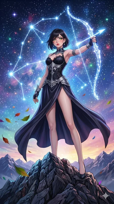 score_9, masterpiece, best quality, ultra-detailed, High-budget Anime Keyframe, beautiful Caucasian anime girl (strictly human ears). Low angle cowboy shot filling the entire 9:16 frame with her statuesque presence. Summoning a bow and arrow made of 