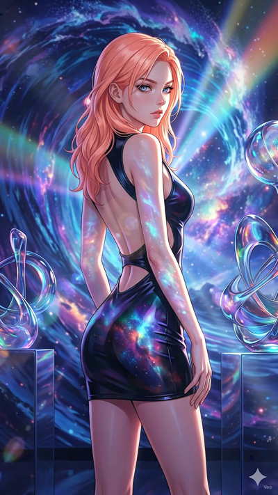 A cinematic camera pan of the character in a futuristic setting. Volumetric sunlight streams through the windows, creating dynamic rainbow lens flares and moving light beams. Cybernetic particles and soft cosmic dust float gently in the air. A subtle