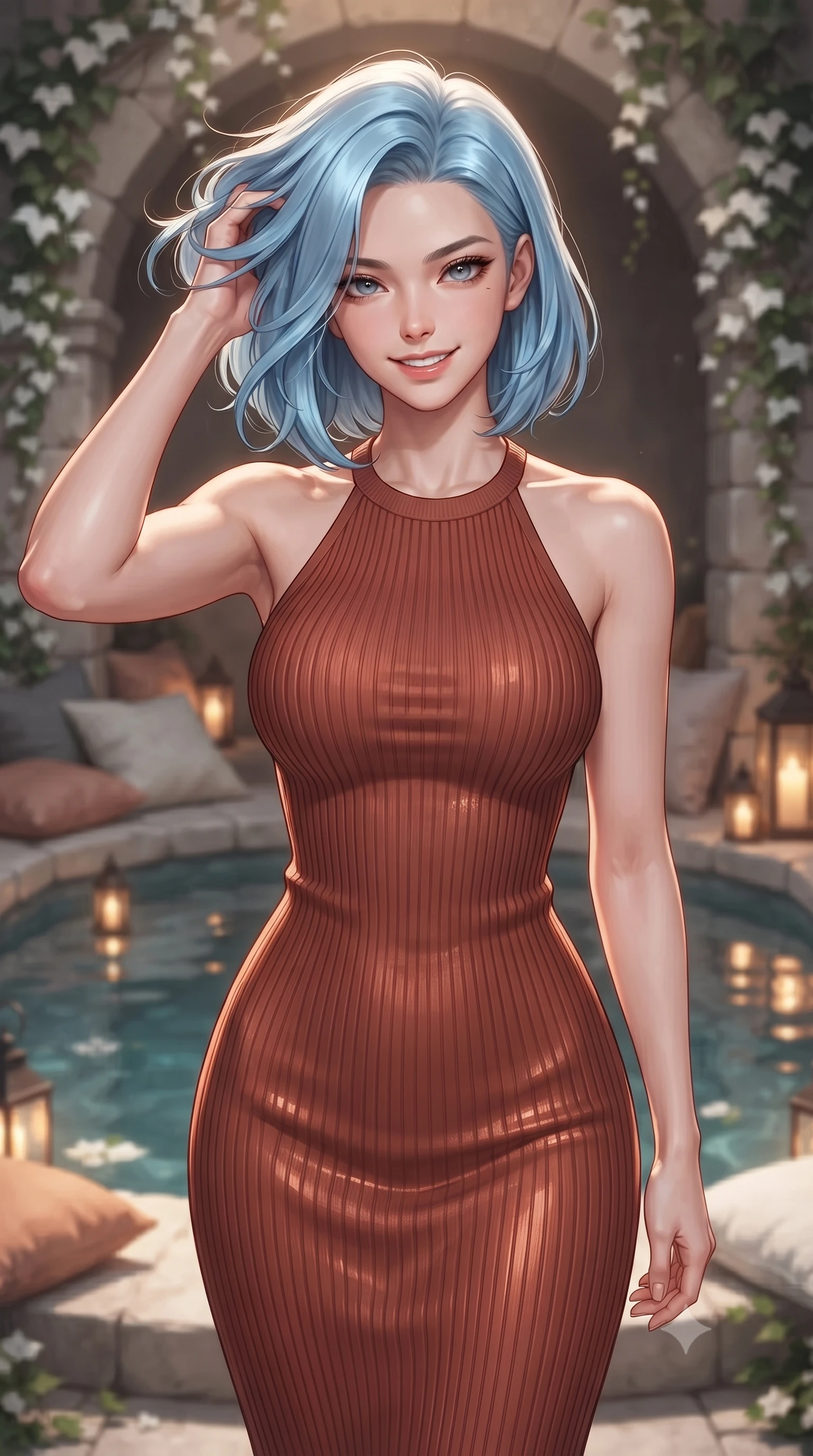 score_9, masterpiece, best quality, ultra-detailed, high-budget anime keyframe, editorial fashion photography, tasteful artistic composition, Korean woman woman. close-up cowboy shot from the waist and thighs up, the character dominates the composition, filling the frame with her large presence, background elements kept in soft focus. smiling with quiet, magnetic self-assurance directly into the camera, running a hand through her hair the background shows a soft-focus a quiet sanctuary chamber with a central water pool, soft cushions, and white ivy. She has an exceptionally elegant, slender, and willowy female figure with an ultra-slim waist, a gracefully sculpted slender torso, and a refined silhouette. sharp v-shaped jawline, high-bridge nose, intricate jewel-like eyes with depth, thick eyelashes, glossy lips with a natural sheen. wearing a slim-fit form-contouring sleeveless ribbed knit halter midi dress in deep terracotta, tracing her willowy silhouette. warm lantern light reflecting off the still water surface. ultra-reflective glossy finish, specular highlights, metallic sheen, high-contrast stereoscopic depth, volumetric dynamic lighting, 2k, ultra detail, master piece, 9:16 ratio