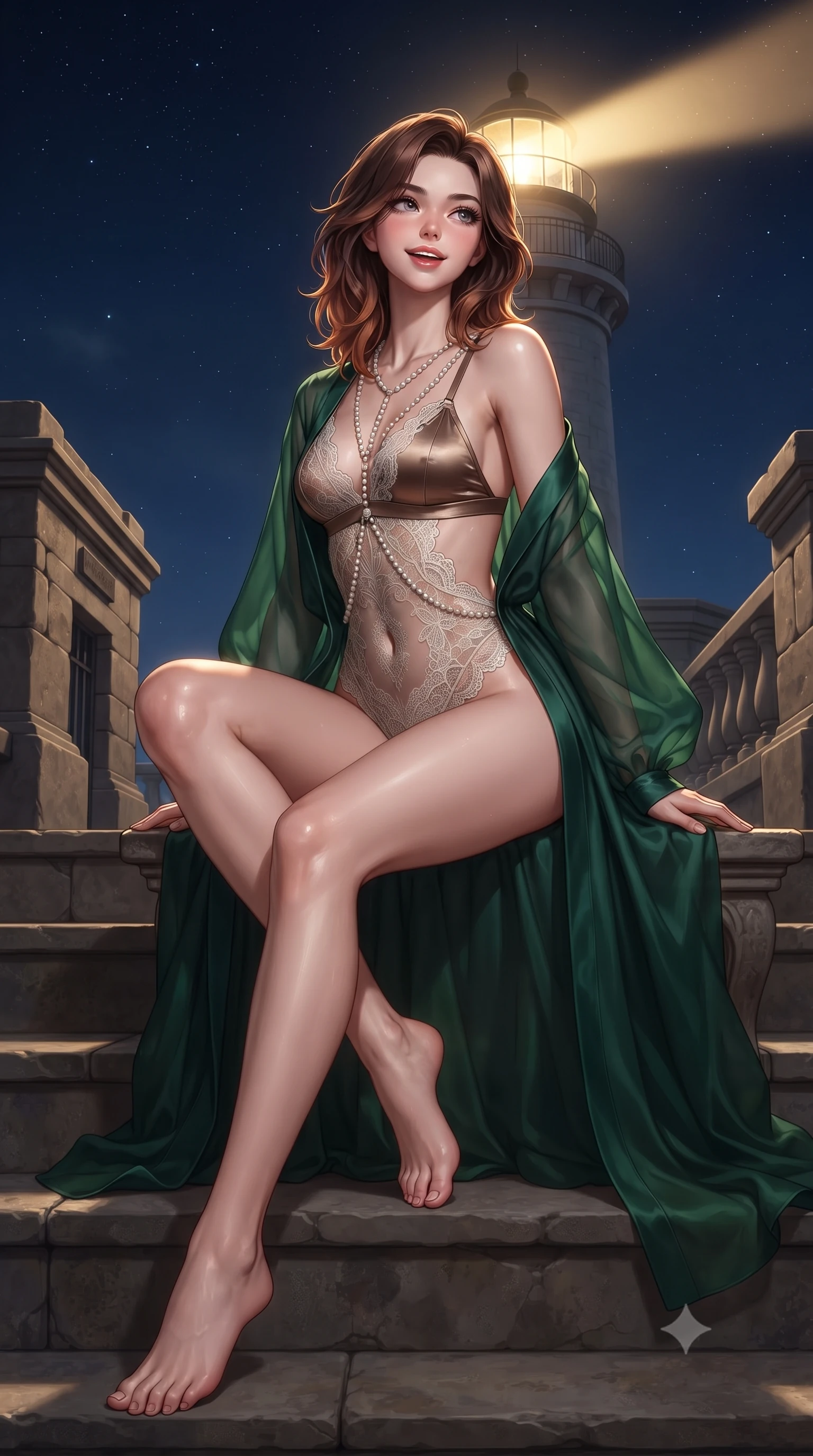 score_9, masterpiece, best quality, ultra-detailed, high-budget anime keyframe, editorial fashion photography, tasteful artistic composition, Korean woman. low angle full-body shot from head to toe showing her feet, filling the entire 9:16 vertical frame with her statuesque presence, stretching her vertical silhouette. sitting poised on the stone steps with one knee bent, arching her spine with supermodel elegance as she glances upward through thick eyelashes while sitting gracefully on the stone terrace bench with legs crossed, flashing an enchanting smile with parted glossy lips. The surrounding environment is rendered in vivid detail and crisp panoramic clarity: detailed delicate semi-sheer macramé lace teddy with scalloped edges, open sides, and cape lighthouse architecture in razor-sharp precision. She has an exceptionally tall and slender model-like 8.5-heads proportion, an ultra-slim waist, a flat toned midriff, narrow delicate ribcage, and beautifully sculpted feminine hips creating a graceful, slim hourglass silhouette without any bulky heaviness, with impossibly long slender legs. sharp v-shaped jawline, high-bridge nose, intricate jewel-like sparkling eyes with depth, thick eyelashes, glossy parted lips with a natural peach sheen, bright cheerful beaming smile with an enchanting and coquettish sensual glint, exuding both youthful cute charm and seductive allure, flawlessly proportioned anatomical accuracy, strict slender model proportions, natural body alignment, perfectly sculpted long slender limbs, ultra-slim waistline, clean dynamic posture without body distortion. wearing a flowing gossamer silk organza boudoir peignoir slipping off one shoulder over a form-fitting satin bralette in deep emerald velvet and shimmering bronze, crafted from fluid liquid silk satin that clings smoothly to her narrow waist and rounded hips with a dewy sheen, accented with a pearl-drop body harness subtly framing her dewy collarbones and spine, the precision-cut side openings and low-back scoop framing her graceful spine and the sensual sweep of her slim, toned hips. bathed in the periodic sweeping golden glow of the historic lighthouse beam contrasted with deep nocturnal sky and starlight. ultra-reflective glossy finish, specular highlights, rich textural contrasts, high-contrast stereoscopic depth, volumetric dynamic lighting, 2k, ultra detail, master piece, 9:16 ratio