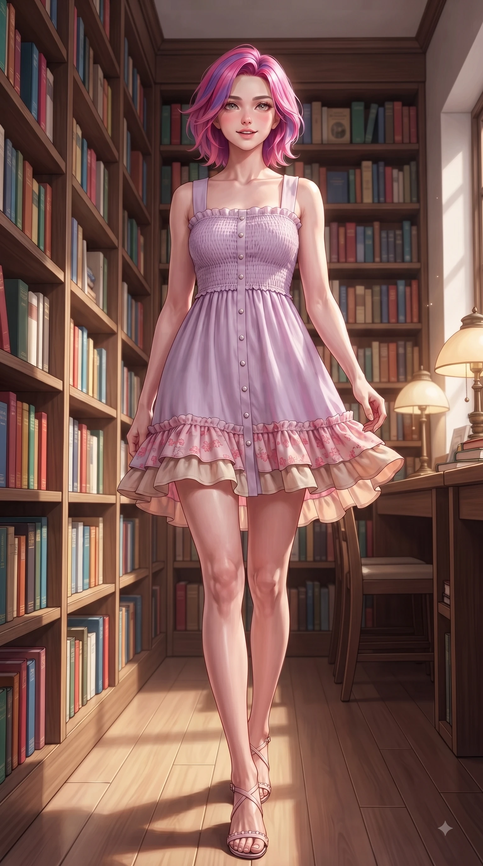 score_9, masterpiece, best quality, ultra-detailed, high-budget anime keyframe, editorial fashion photography, tasteful artistic composition, Caucasian woman. low angle full-body shot from head to toe showing her feet, filling the entire 9:16 vertical frame with her statuesque presence, stretching her vertical silhouette. stepping forward gracefully in mid-motion with a delighted cute expression, displaying her statuesque model proportions while browsing tall wooden bookshelves lined with colorful volumes with a curious, gentle smile. The surrounding environment is rendered in vivid detail and crisp panoramic clarity. floor-to-ceiling wooden bookshelves, vintage desk lamps, and sunlit reading nooks captured in sharp clarity. She has an absolutely perfect, statuesque 8.5-heads proportion, an exceptionally tall and slender model-like female figure with impossibly long slender legs and an ultra-slim waist. sharp v-shaped jawline, high-bridge nose, intricate jewel-like eyes with depth, thick eyelashes, glossy lips with a natural sheen, flawlessly proportioned anatomical accuracy, natural body alignment, perfectly sculpted elegant limbs, clean dynamic posture without body distortion. wearing a romantic lilac square-neck sundress with soft smocked bodice and fluttery hem in cherry blossom pink and soft beige, crafted from soft breathable linen, finished with subtle ruffle trims and delicate pearl buttons, the soft airy drape swaying gracefully with her dynamic movements. surrounded by a cozy, serene, and healing book cafe atmosphere. ultra-reflective glossy finish, specular highlights, metallic sheen, high-contrast stereoscopic depth, volumetric dynamic lighting, 2k, ultra detail, master piece, 9:16 ratio