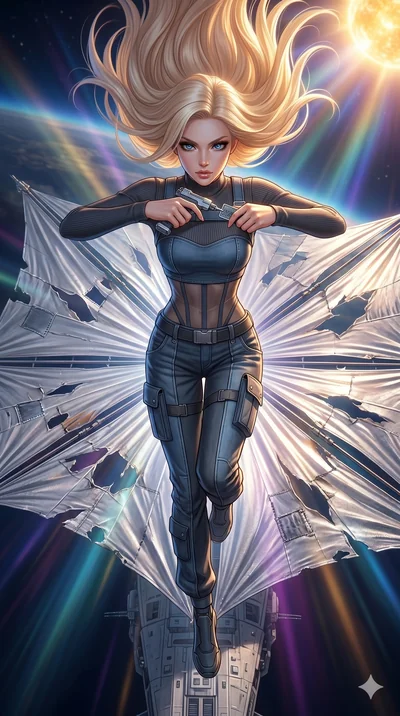 score_9, masterpiece, best quality, ultra-detailed, photorealistic 8k CG, hyper-detailed textures, ray-tracing, Japanese woman. Extreme high angle shot as she leaps towards the camera, filling the frame. reparing a damaged solar sail on a ship headin