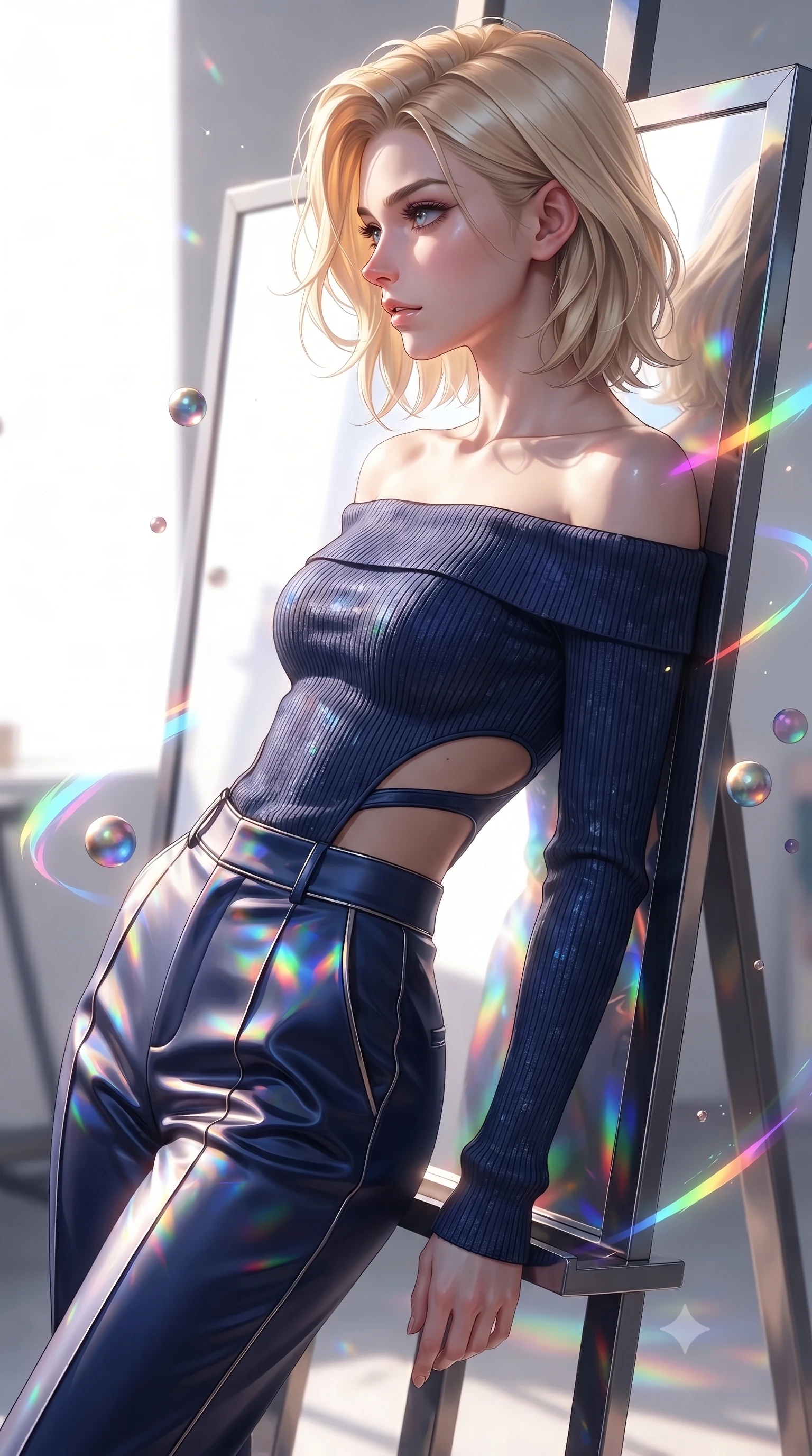 score_9, masterpiece, best quality, ultra-detailed, high-budget anime keyframe, editorial fashion photography, tasteful artistic composition, Caucasian woman. close-up cowboy shot from the waist and thighs up, the character dominates the composition, filling the frame with her large presence, background elements kept in soft focus. Turning her face in sharp dramatic profile against the bright light, showcasing her sharp v-shaped jawline leaning against a mirrored easel surrounded by suspended pigment spheres, glowing neon brushstrokes floating poetically around her silhouette. She has an exceptionally elegant, slender, and willowy female figure with an ultra-slim waist, a gracefully sculpted slender torso, and a refined silhouette. sharp v-shaped jawline, high-bridge nose, intricate jewel-like eyes with depth, thick eyelashes, glossy lips with a natural sheen. wearing a sleek off-shoulder ribbed knit top paired with high-waist tailored pants in midnight navy blue and chrome trim, crafted from lustrous satin jersey with fluid draping, featuring clean architectural cutouts along her slender torso, the tailored fabric tightly following every curve of her athletic build. illuminated by brilliant multi-color rainbow light refracting through glass. ultra-reflective glossy finish, specular highlights, metallic sheen, high-contrast stereoscopic depth, volumetric dynamic lighting, 2k, ultra detail, master piece, 9:16 ratio