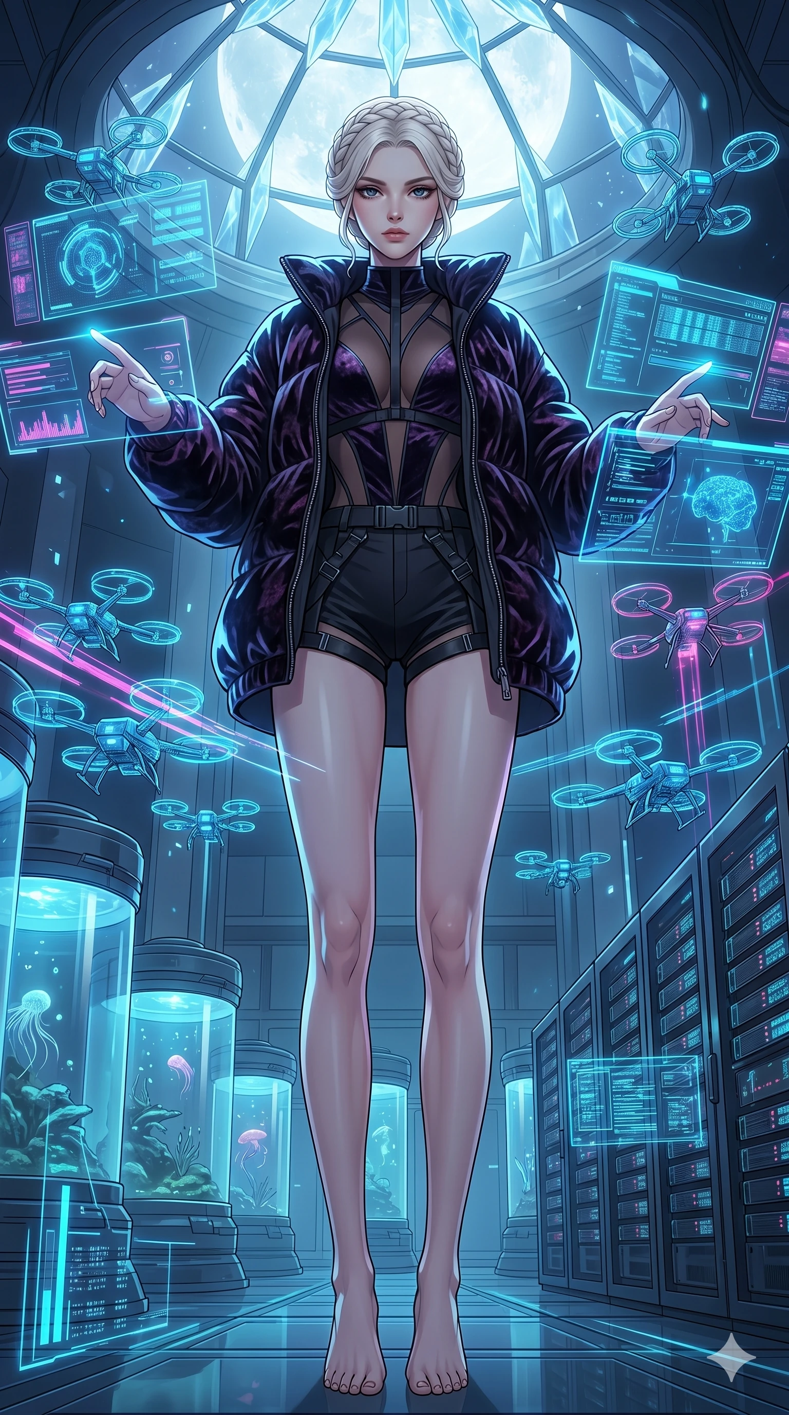 score_9, masterpiece, best quality, ultra-detailed, High-budget Anime Keyframe, vibrant colors, fluid line-art, expressive lighting, cinematic composition, Ufotable-style visual effects, top-tier animation quality, Caucasian woman with pale skin, blonde hair, and (strictly human ears). Dynamic full-body shot stretching the vertical silhouette, capturing her from a powerful low-angle perspective. Commanding a massive fleet of holographic drones within a high-security data center, her fingers dancing across invisible interfaces. She has an absolutely perfect 8-heads proportion, an exceptionally tall and slender female figure with impossibly long slender legs and an ultra-slim waist, her statuesque height and towering silhouette dominating the vertical 9:16 frame. Her face is a masterpiece featuring a sharp v-shaped jawline, high-bridge nose, intricate jewel-like eyes with depth, thick eyelashes, and glossy lips with a natural sheen. She is wearing a Oversized puffer jacket worn over a micro-shorts and harness set, unzipped to reveal her chest crafted from Crushed dark velvet with a deep, rich texture that absorbs light and glows at the edges, with sheer fabric transparency over her delicate curves and a high-cut silhouette. The scene is set in a high-tech research laboratory with glowing glass tanks and complex holographic interfaces, illuminated by ethereal moonlight filtering through a crystalline canopy, creating soft highlights. 2k, ultra detail, master piece, 9:16 ratio