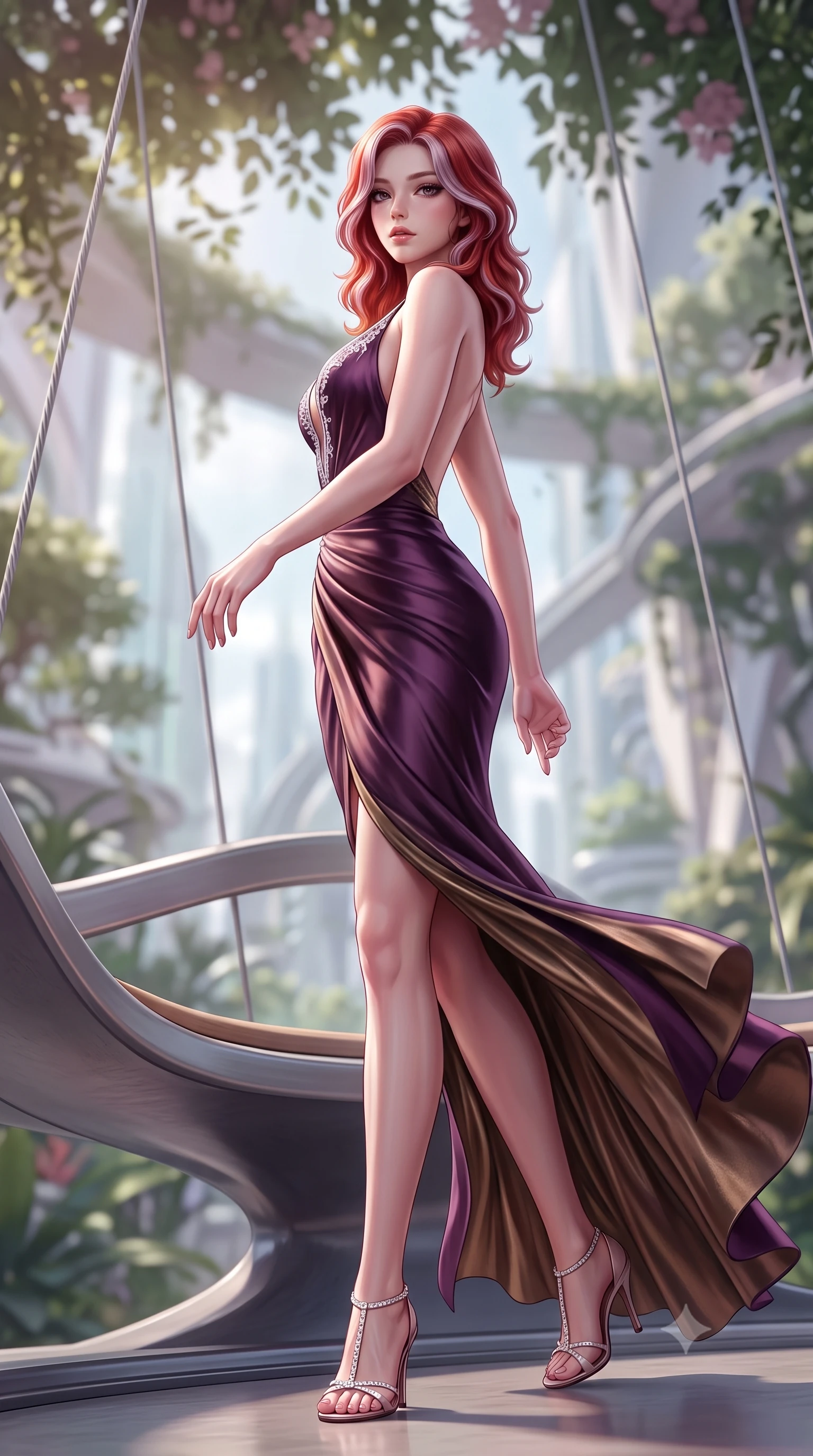 score_9, masterpiece, best quality, ultra-detailed, high-budget anime keyframe, semi-realistic 3D game render, editorial fashion photography, tasteful artistic composition, Caucasian woman. low angle full-body shot from head to toe showing her feet, filling the entire 9:16 vertical frame with her statuesque presence, stretching her vertical silhouette. executing an elegant mid-motion pivot turn as garments swirl around her slender limbs, glancing over her shoulder with an intoxicating bedroom-gaze while perching on the curved architectural skyway bench, long slender legs crossed and torso angled back to display her flat midriff and slender hourglass curves. The composition keeps background elements in soft focus with creamy bokeh. floating botanical canopy foliage and suspension cable lines softened in cinematic shallow depth of field. She has an exceptionally tall and slender model-like 8.5-heads proportion, an ultra-slim waist, a flat toned midriff, narrow delicate ribcage, and beautifully sculpted feminine hips creating a graceful, slim hourglass silhouette without any bulky heaviness, with impossibly long slender legs. sharp v-shaped jawline, high-bridge nose, intricate jewel-like eyes with depth, thick eyelashes, glossy parted lips with a natural sheen, intensely captivating and seductive bedroom-eyes expression, flawlessly proportioned anatomical accuracy, strict slender model proportions, natural body alignment, perfectly sculpted long slender limbs, ultra-slim waistline, clean dynamic posture without body distortion. wearing an open-back duchess satin gala gown with a dramatic hip-hugging drape and cascading trailing hem in deep plum violet and antique bronze, crafted from luxurious metallic lamé that shifts radiance with every step, finished with delicate crystal frost embroidery tracing the plunging neckline, the form-contouring material adhering flawlessly to her sculpted flat midriff and slender torso, emphasizing her long leg lines and perfectly proportioned willowy build. surrounded by a visionary, electrifying, and breathlessly magnificent eco-metropolis queen aura. highly saturated vibrant anime colors, detailed shading with soft gradients, rich glossy textures, high-contrast stereoscopic depth, volumetric dynamic lighting, master piece, 9:16 ratio