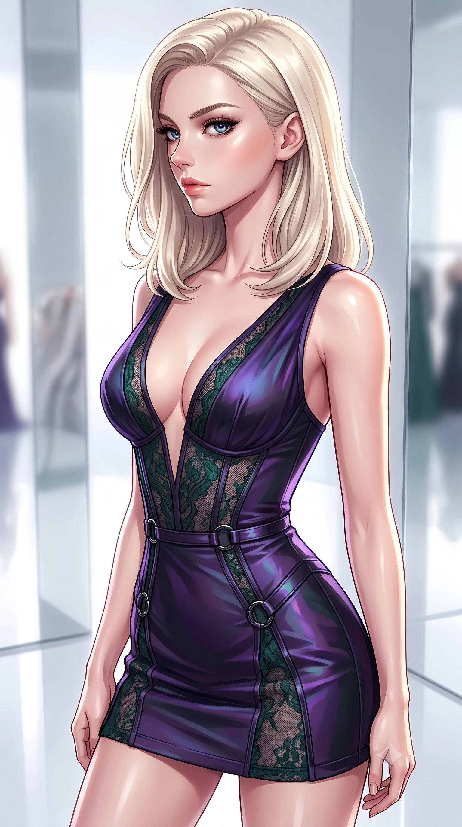score_9, masterpiece, best quality, ultra-detailed, high-budget anime keyframe, editorial fashion photography, tasteful artistic composition, Caucasian woman. close-up cowboy shot from the waist and thighs up, the character dominates the composition, filling the frame with her large presence, background elements kept in soft focus. Turning her face in sharp dramatic profile against the key light, looking into the camera with direct, magnetic self-assurance and charisma, sculpted jawline and glossy lips accentuated by multi-directional key lights. She has an exceptionally elegant, slender, and willowy female figure with an ultra-slim waist, a gracefully sculpted slender torso, and a refined silhouette. sharp v-shaped jawline, high-bridge nose, intricate jewel-like eyes with depth, thick eyelashes, glossy lips with a natural sheen. wearing deep V-neck corset bodice mini dress with sheer dark lace panels in deep emerald green, made of iridescent dark violet taffeta, trimmed with dark chrome ring hardware along the waist contours, accentuating her gracefully sculpted slender torso. bathed in high-contrast specular reflections against bright mirror space. highly saturated vibrant anime colors, detailed shading with soft gradients, rich glossy textures, high-contrast stereoscopic depth, volumetric dynamic lighting, master piece, 9:16 ratio