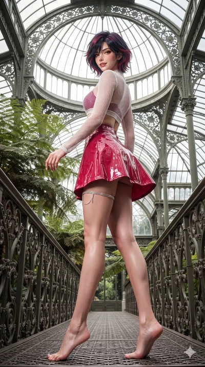 Korean woman. low angle full-body shot from head to toe showing her feet, filling the entire 9:16 vertical f.