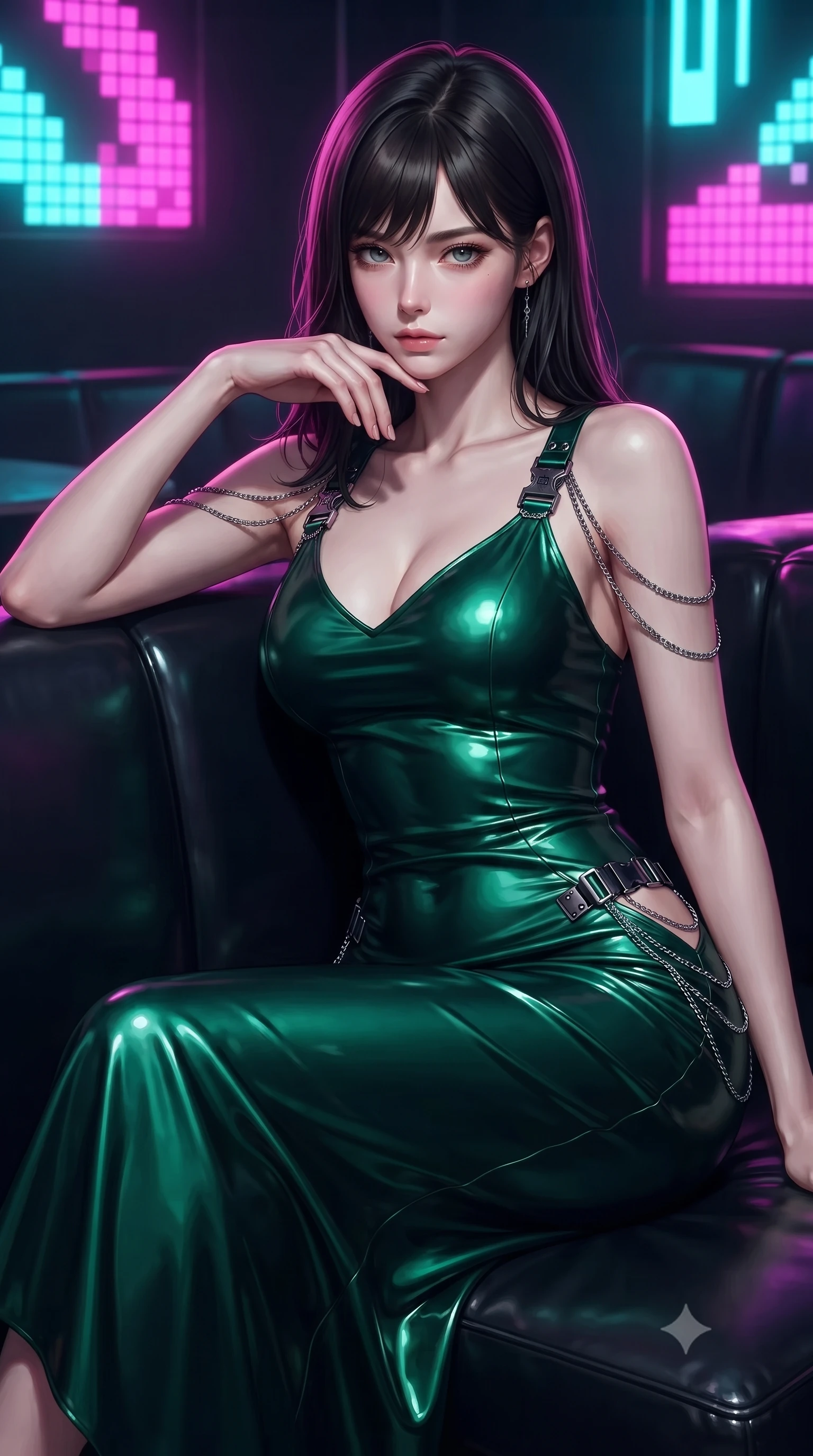 score_9, masterpiece, best quality, ultra-detailed, high-budget anime keyframe, editorial fashion photography, tasteful artistic composition, Korean woman. close-up cowboy shot from the waist and thighs up, the character dominates the composition, filling the frame with her large presence, background elements kept in soft focus. Resting her chin on the backs of her fingers with an air of effortless superiority, lounging on a dark vinyl couch in a private retro-futuristic lounge at 2 AM, vibrant magenta and cyan neon rays casting geometric highlights on glossy vinyl. She has an exceptionally elegant, slender, and willowy female figure with an ultra-slim waist, a gracefully sculpted slender torso, and a refined silhouette. sharp v-shaped jawline, high-bridge nose, intricate jewel-like eyes with depth, thick eyelashes, glossy lips with a natural sheen. wearing form-contouring dark crimson liquid silk long slip dress in deep emerald green, made of liquid dark mercury jersey, framed by dark titanium buckles and silver chain details, highlighting her statuesque proportions and ultra-slim waistline. lit by piercing key rays emerging from deep futuristic shadows. ultra-reflective glossy finish, specular highlights, metallic sheen, high-contrast stereoscopic depth, volumetric dynamic lighting, 2k, ultra detail, master piece, 9:16 ratio