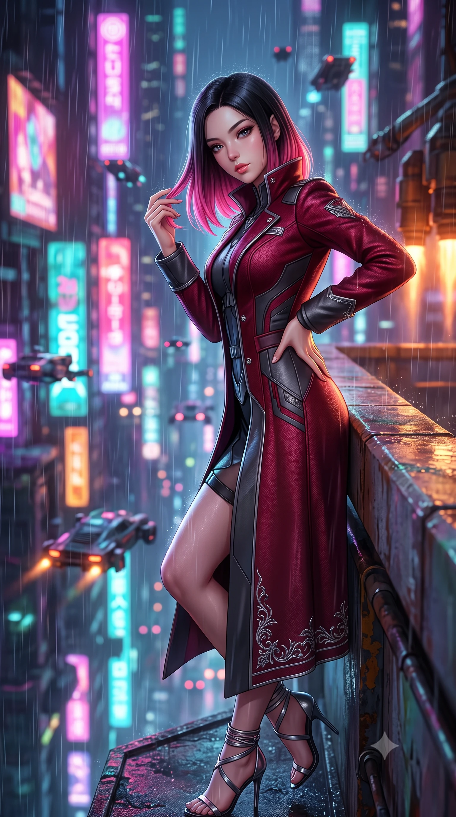 score_9, masterpiece, best quality, ultra-detailed, high-budget anime keyframe, semi-realistic 3D game render, editorial fashion photography, tasteful artistic composition, Korean woman. close-up cowboy shot from the waist and thighs up, the character dominates the composition, filling the frame with her large presence. twisting her slender torso in an alluring contrapposto stance, one hand resting on her sculpted hip while her fingers toy with her hair with effortless poise while leaning against the weathered industrial parapet with hips cocked back, gazing down into the dizzying mile-deep neon canyon through laser rain with smoldering bedroom-eyes. The background shows a soft-focus towering vertical holographic neon billboards, dripping rain curtains, and swarms of hovering tactical aerocars blurred into fuchsia, turquoise, and amber bokeh. She has an exceptionally elegant, slender, and willowy female figure with an ultra-slim waist, flat toned midriff, narrow ribcage, and sculpted feminine hips creating an alluring, slim hourglass silhouette without bulk. sharp v-shaped jawline, high-bridge nose, intricate jewel-like sparkling eyes with depth, thick eyelashes, glossy parted lips with a natural peach sheen, bright cheerful beaming smile with an enchanting and coquettish sensual glint, exuding both youthful cute charm and seductive allure, flawlessly proportioned anatomical accuracy, strict slender model proportions, natural body alignment, perfectly sculpted long slender limbs, ultra-slim waistline, clean dynamic posture without body distortion. wearing an aristocratic deep-space admiral longcoat with silver filigree embroidery along the hem and high structured collar in deep crimson hazard red and matte dark titanium, tailored from high-density tech-wool with subtle metallic thread weave, complemented by strappy stiletto sandals with metallic ankle wraps accentuating her slender calves, the bespoke structured tailoring following the natural line of her 8.5-heads silhouette with refined elegance. bathed in the multi-hued ambient neon glow of towering holographic billboards mixed with warm orange VTOL engine exhausts. highly saturated vibrant anime colors, detailed shading with soft gradients, rich glossy textures, high-contrast stereoscopic depth, volumetric dynamic lighting, master piece, 9:16 ratio