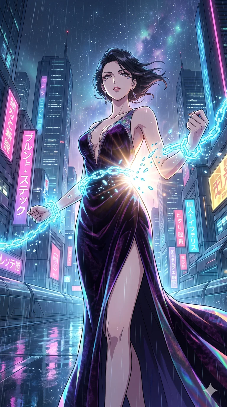 score_9, masterpiece, best quality, ultra-detailed, High-budget Anime Keyframe, vibrant colors, fluid line-art, expressive lighting, cinematic composition, Ufotable-style visual effects, top-tier animation quality, Japanese woman with delicate and elegant anime-inspired features. Low angle cowboy shot filling the entire 9:16 frame with her statuesque presence, looking up to emphasize her height. Breaking free from glowing energy chains with a powerful burst of inner light, the links shattering into digital dust. She has an absolutely perfect 8-heads proportion, an exceptionally tall and slender female figure with impossibly long slender legs and an ultra-slim waist, her statuesque height and towering silhouette dominating the vertical 9:16 frame. Her face is a masterpiece featuring a sharp v-shaped jawline, high-bridge nose, intricate jewel-like eyes with depth, thick eyelashes, and glossy lips with a natural sheen. She is wearing a Holographic lace evening gown with a dangerously high slit and a plunging neckline crafted from Crushed dark velvet with a deep, rich texture that absorbs light and glows at the edges, with sheer fabric transparency over her delicate curves and a high-cut silhouette. The scene is set in a sprawling cyberpunk metropolis in heavy rain with vibrant neon glows reflecting on every surface, illuminated by flickering starlight and nebula glow providing a mystical and vast ambiance. 2k, ultra detail, master piece, 9:16 ratio