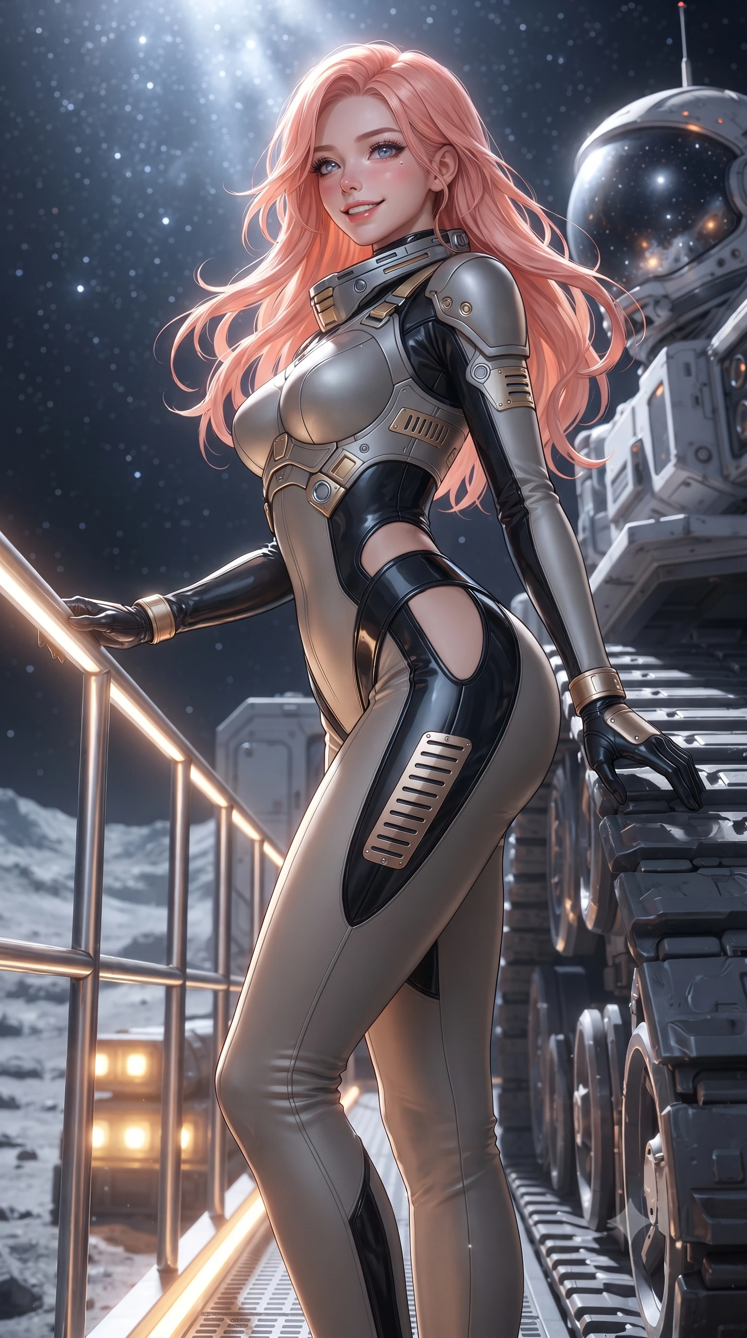 score_9, masterpiece, best quality, ultra-detailed, high-budget anime keyframe, editorial fashion photography, tasteful artistic composition, Japanese woman. low angle full-body shot from head to toe showing her feet, filling the entire 9:16 vertical frame with her statuesque presence, stretching her vertical silhouette. standing in a tall, confident posture with one hand on a glowing metal railing, stretching her statuesque body as she arches her lower back to emphasize her sculpted feminine hips and slender waist while leaning against the titanium crawler track with hips cocked back, looking over her shoulder with an enchanting, fearless smile. The surrounding environment is rendered in vivid detail and crisp panoramic clarity: detailed spacesuit fabric texture, cosmic highlights on helmet collar, and lunar mining rig architecture in razor-sharp clarity. She has an absolutely perfect, statuesque 8.5-heads proportion, an exceptionally tall and slender model-like female figure with impossibly long slender legs, an ultra-slim waist, a flat toned midriff, narrow delicate ribcage, and beautifully sculpted feminine hips creating a graceful, slim hourglass silhouette without any bulky heaviness. sharp v-shaped jawline, high-bridge nose, intricate jewel-like sparkling eyes with depth, thick eyelashes, glossy parted lips with a natural sheen, bright confident smile with an enchanting and coquettish sensual glint, exuding both youthful magnetic charm and sovereign high-tech allure, flawlessly proportioned anatomical accuracy, strict slender model proportions, natural body alignment, perfectly sculpted long slender limbs, ultra-slim waistline, clean dynamic posture without body distortion. wearing a sculpted titanium-alloy breastplate bodice worn over an ultra-tight matte stretch bodysuit with side hip cutouts in glossy onyx black and warm champagne gold hardware, crafted from lightweight aerodynamic matte carbon-fiber weave with structural stiffness, finished with sharp laser-cut side ventilation slits framed by silver hardware rings, the precision-cut side openings and low-back scoop framing her graceful spine and the sensual sweep of her slim, toned hips. bathed in brilliant cold silver starlight from above and warm industrial sodium work-lights from below. ultra-reflective glossy finish, specular highlights, rich textural contrasts, high-contrast stereoscopic depth, volumetric dynamic lighting, 2k, ultra detail, master piece, 9:16 ratio