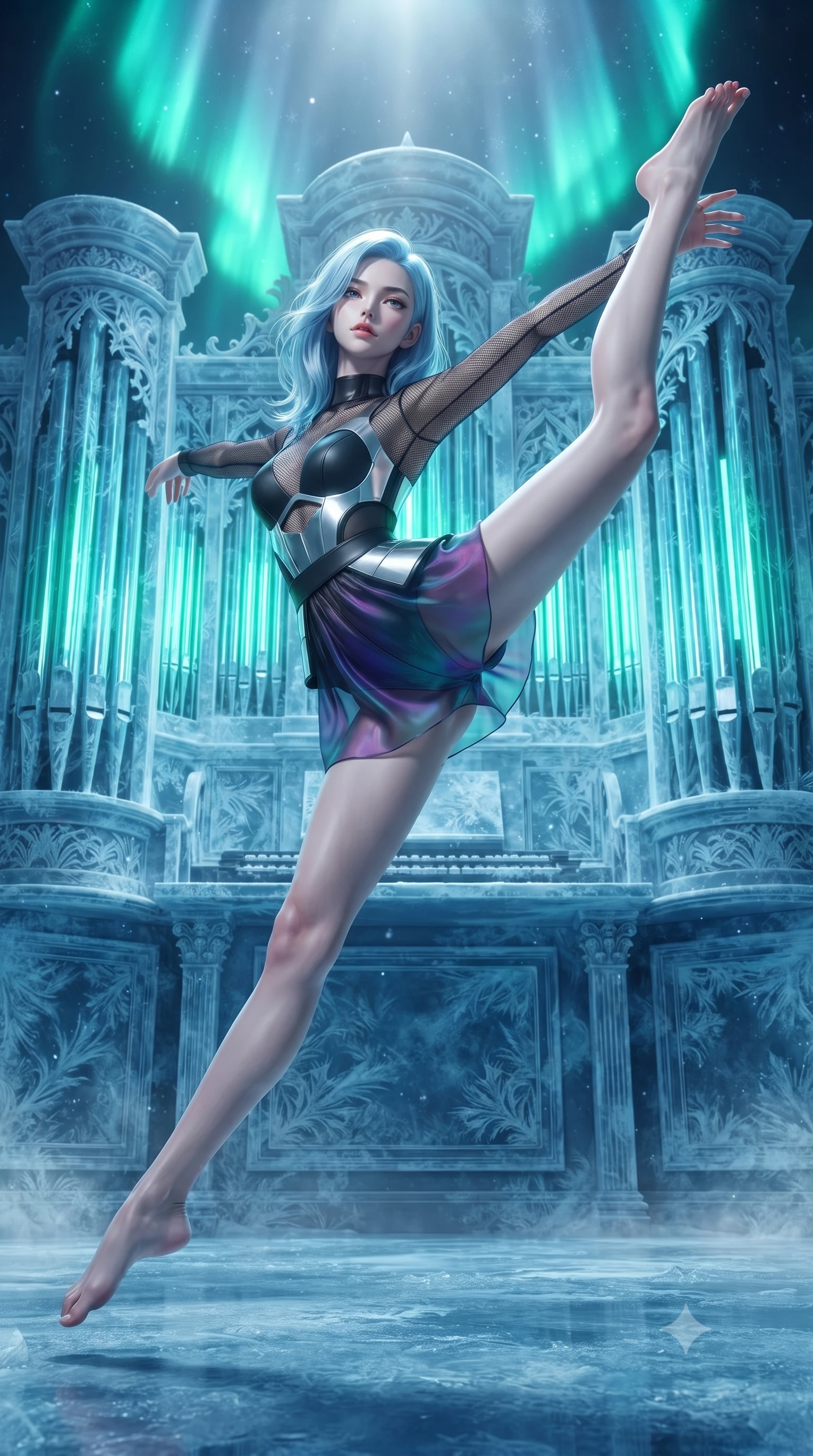 score_9, masterpiece, best quality, ultra-detailed, high-budget anime keyframe, editorial fashion photography, tasteful artistic composition, Korean woman. low angle full-body shot from head to toe showing her feet, filling the entire 9:16 vertical frame with her statuesque presence, stretching her vertical silhouette. performing an athletic mid-air rotation with flawless poise, her vertical silhouette beautifully stretched while leaping across a frozen pipe organ stage as cyan neon aria lights pulse rhythmically, frozen organ pipes reflecting vivid green and cyan polar aurora lights dynamically. She has an absolutely perfect, statuesque 8.5-heads proportion, an exceptionally tall and slender model-like female figure with impossibly long slender legs and an ultra-slim waist. sharp v-shaped jawline, high-bridge nose, intricate jewel-like eyes with depth, thick eyelashes, glossy lips with a natural sheen, flawlessly proportioned anatomical accuracy, natural body alignment, perfectly sculpted elegant limbs, clean dynamic posture without body distortion. wearing a chrome-plated structured bodice worn over a sheer mesh top and micro-shorts in matte black and polished silver, crafted from iridescent chiffon that shifts colors in the light, featuring clean architectural cutouts along her slender torso, the form-contouring material highlighting her ultra-slim waist and long lines. bathed in crisp silver moonlight and vivid cyan-green polar aurora backlighting. ultra-reflective glossy finish, specular highlights, metallic sheen, high-contrast stereoscopic depth, volumetric dynamic lighting, 2k, ultra detail, master piece, 9:16 ratio