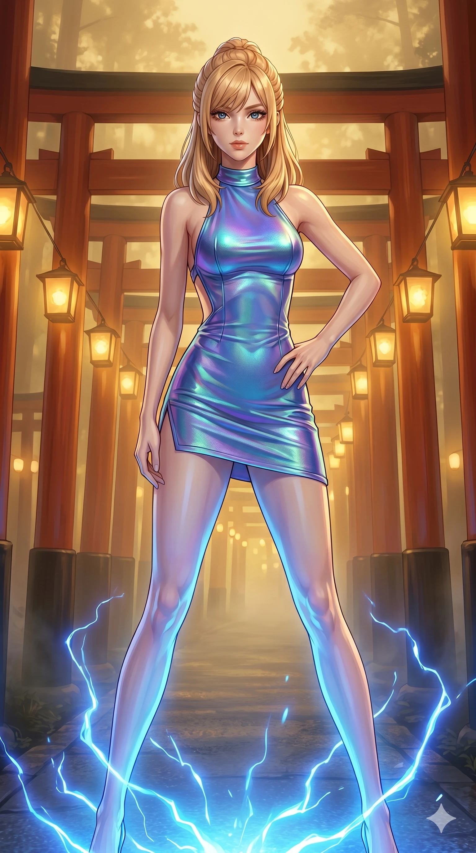 score_9, masterpiece, best quality, ultra-detailed, high-budget anime keyframe, editorial fashion photography, tasteful artistic composition, Caucasian woman, strictly human ears. cowboy shot from the thighs up, character and outfit filling the frame for maximum editorial presence. Holding steady direct eye contact with magnetic, commanding confidence amidst a Japanese torii gate forest with golden fog-lit lanterns. She has an absolutely perfect 8-heads proportion, an exceptionally tall and slender female figure with impossibly long slender legs and an ultra-slim waist. V-shaped jawline, high-bridge nose, intricate jewel-like eyes with depth, thick eyelashes, glossy lips with a natural sheen. wearing an iridescent color-shifting halter-neck mini dress with a structured open-back, a precision-fitted form-contouring body and an elevated hemline at the upper thigh. highlighted by pulsing electric blue plasma arc lighting from below, casting dramatic upward shadows. 2k, ultra detail, master piece, 9:16 ratio