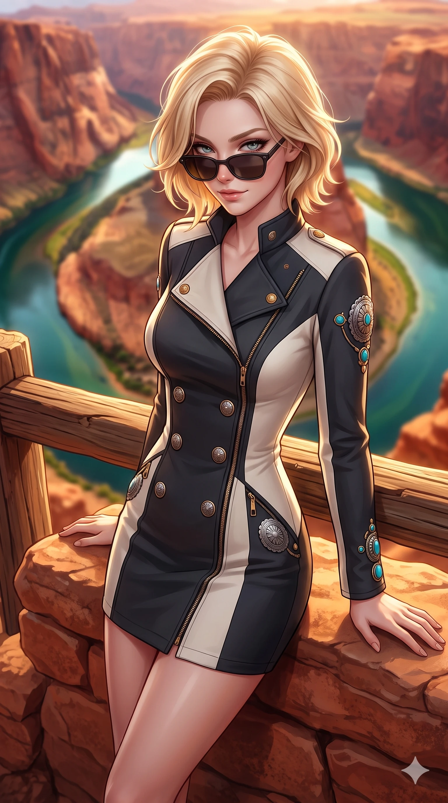 score_9, masterpiece, best quality, ultra-detailed, high-budget anime keyframe, semi-realistic 3D game render, editorial fashion photography, tasteful artistic composition, Caucasian woman. close-up cowboy shot from the waist and thighs up, the character dominates the composition, filling the frame with her large presence. leaning against the timber guardrail with hips cocked back, looking through dark sunglasses with an alluring, confident half-smile while kneeling gracefully on the warm red sandstone outcrop, one hand resting on the stone while gazing down into the emerald canyon waters with alluring bedroom-eyes. The background shows a soft-focus the famous 270-degree curve of the emerald green Colorado River and red rock cliffs blurred into turquoise, terracotta, and gold bokeh. She has an exceptionally elegant, slender, and willowy female figure with an ultra-slim waist, flat toned midriff, narrow ribcage, and sculpted feminine hips creating an alluring, slim hourglass silhouette without bulk. sharp v-shaped jawline, high-bridge nose, sparkling eyes with hypnotic seductive depth, thick curled eyelashes, glossy parted lips with a natural dewy peach sheen, alluring bedroom-eyes with an enchanting coquettish smile, exuding magnetic siren charisma and sophisticated glamour, flawlessly proportioned anatomical accuracy, strict slender model proportions, natural body alignment, perfectly sculpted long slender limbs, ultra-slim waistline, clean dynamic posture without body distortion. wearing a structured double-breasted desert moto-coat dress with asymmetrical zipper and stand collar in high-contrast coastal monochrome with gold hardware, tailored from second-skin technical compression neoprene with athletic curve-sculpting stretch, accented with authentic engraved silver concho medallions and turquoise cabochons, the impeccably tailored cut draping gracefully along her slender figure with aristocratic western poise. bathed in the blinding, warm 2200K golden-hour rays of the setting sun casting brilliant specular highlights along her silhouette. highly saturated vibrant anime colors, detailed shading with soft gradients, rich glossy textures, high-contrast stereoscopic depth, volumetric dynamic lighting, master piece, 9:16 ratio