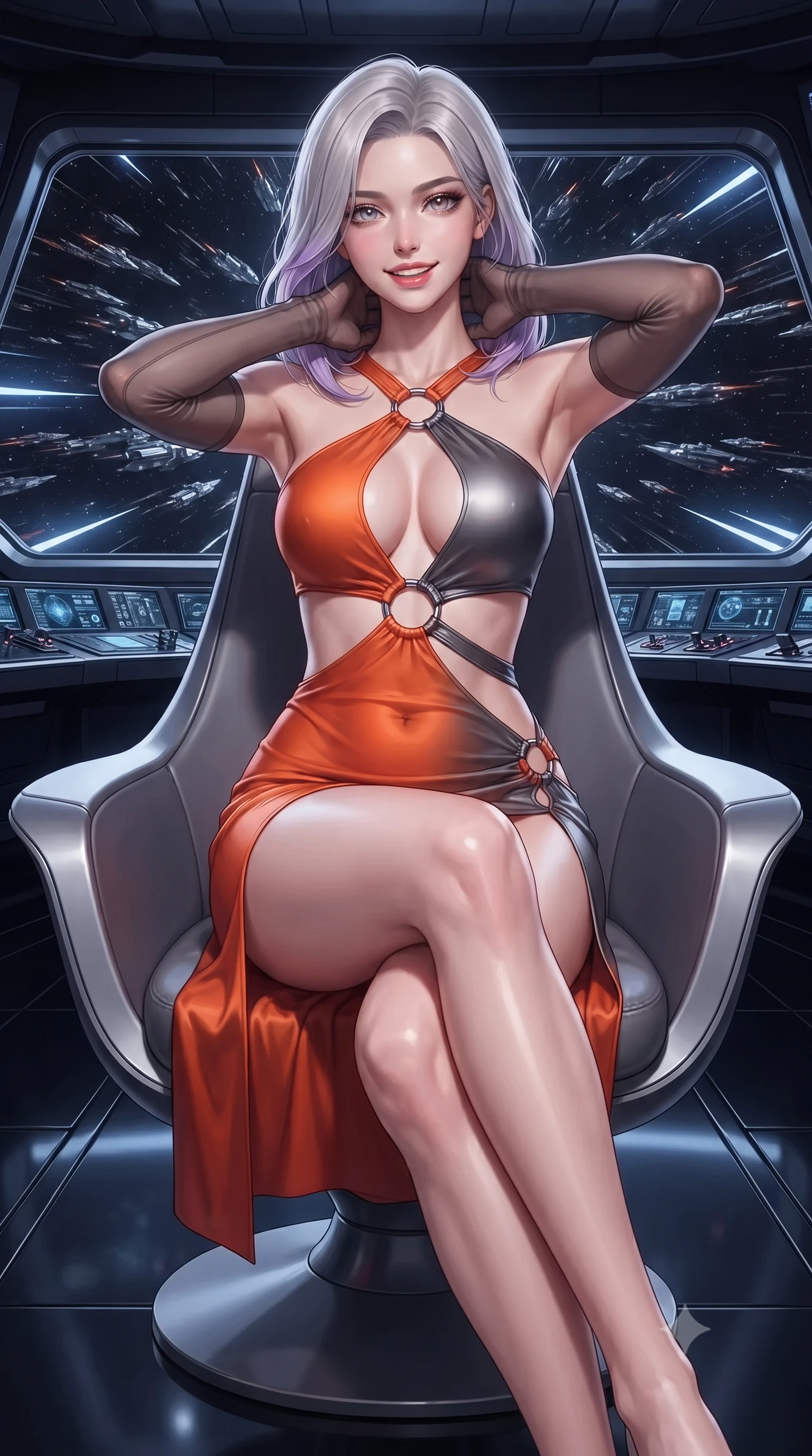 score_9, masterpiece, best quality, ultra-detailed, high-budget anime keyframe, editorial fashion photography, tasteful artistic composition, Caucasian woman. close-up cowboy shot from the waist and thighs up, the character dominates the composition, filling the frame with her large presence. resting both hands lightly behind her neck with elbows raised, arching her spine to highlight her narrow waist, flat midriff, and breathtaking collarbones while sitting gracefully on the ergonomic admiral throne with legs crossed, flashing an enchanting smile with parted glossy lips as hundred-ship armadas warp into deep space. The surrounding environment is rendered in vivid detail and crisp panoramic clarity: sharp black chrome balustrade reflections, crisp fleet formation beacon strobes, and razor-sharp hyperspace ring nodes in deep focus. She has an exceptionally elegant, slender, and willowy female figure with an ultra-slim waist, flat toned midriff, narrow ribcage, and sculpted feminine hips creating an alluring, slim hourglass silhouette without bulk. sharp v-shaped jawline, high-bridge nose, intricate jewel-like sparkling eyes with depth, thick eyelashes, glossy parted lips with a natural peach sheen, bright cheerful beaming smile with an enchanting and coquettish sensual glint, exuding both youthful cute charm and seductive allure, flawlessly proportioned anatomical accuracy, strict slender model proportions, natural body alignment, perfectly sculpted long slender limbs, ultra-slim waistline, clean dynamic posture without body distortion. wearing a provocative open-waist combat cutout mini dress framed by polished chrome ring hardware and thigh-high slit in volcanic ember orange and brushed gunmetal, made of fluid liquid jersey with seamless sculpting hold and smooth contours, complemented by sheer opera-length evening gloves tracing her slender arms, the liquid-tight tailored fabric clinging flawlessly to her narrow waist and rounded feminine hips, emphasizing every millimeter of her sculpted slim hourglass curves without any bulky heaviness. illuminated by dark obsidian deck bounce and sharp indigo-platinum rim lights defining her razor-sharp jawline, narrow waist, and curvy hips. ultra-reflective glossy finish, specular highlights, rich textural contrasts, high-contrast stereoscopic depth, volumetric dynamic lighting, 2k, ultra detail, master piece, 9:16 ratio