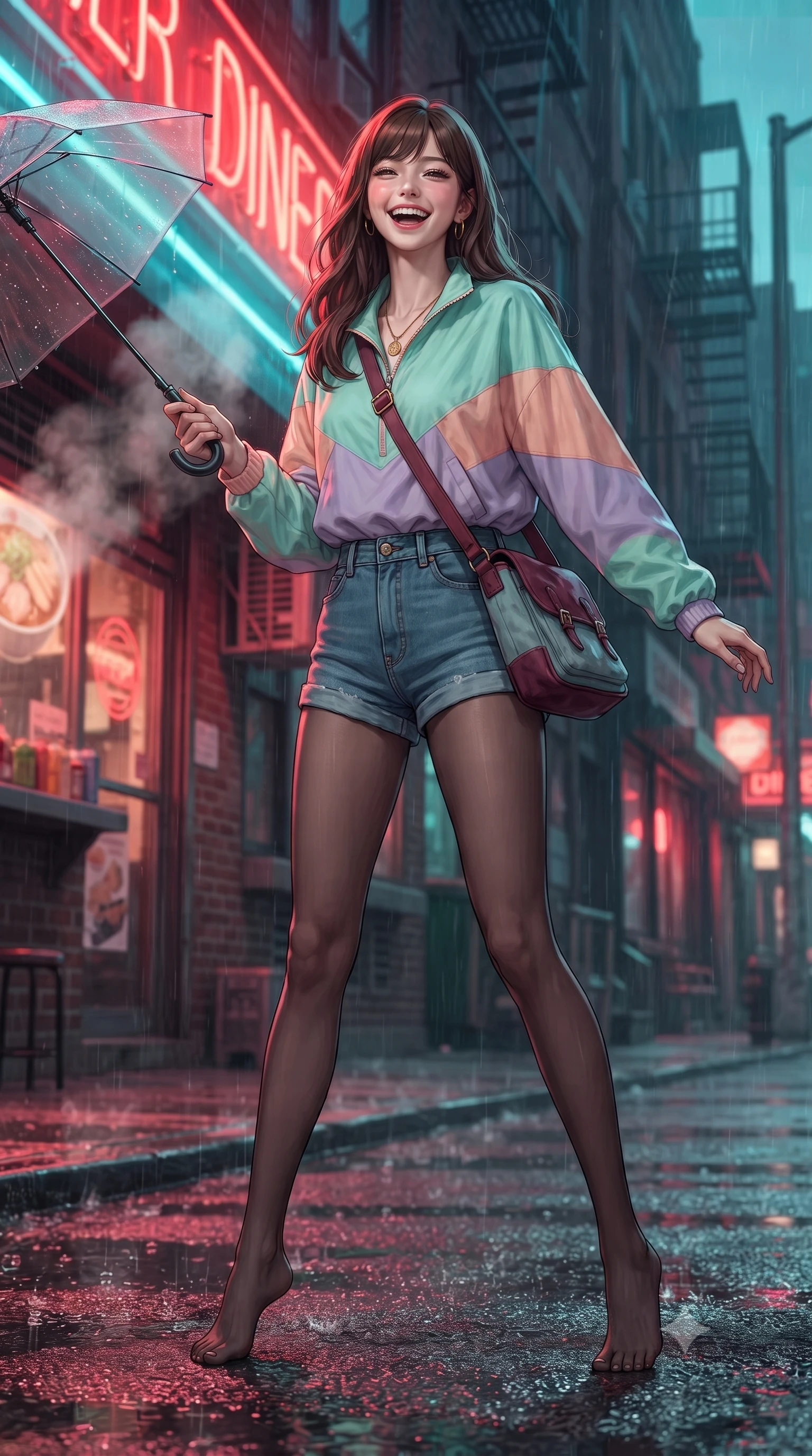 score_9, masterpiece, best quality, ultra-detailed, high-budget anime keyframe, editorial fashion photography, tasteful artistic composition, Korean woman. low angle full-body shot from head to toe showing her feet, filling the entire 9:16 vertical frame with her statuesque presence, stretching her vertical silhouette. landing lightly on the balls of her feet in a balanced kinetic stance, eyes locked onto the camera with fearless allure while standing under the neon diner awning shaking raindrops from her umbrella with a sweet, radiant laugh. The composition keeps background elements in soft focus with creamy bokeh. steaming ramen shop vents and classic brick storefronts softened in romantic 35mm shallow focus. She has an absolutely perfect, statuesque 8.5-heads proportion, an exceptionally tall and slender model-like female figure with impossibly long slender legs, a toned flat midriff, and an ultra-slim waist. sharp v-shaped jawline, high-bridge nose, intricate jewel-like eyes with depth, thick eyelashes, glossy lips with a natural sheen, captivating and magnetic expression, flawlessly proportioned anatomical accuracy, strict slender model proportions, natural body alignment, perfectly sculpted long slender limbs, ultra-slim waistline, clean dynamic posture without body distortion. wearing a retro pastel colorblock windbreaker paired with high-waisted denim shorts and a canvas crossbody bag in rich wine burgundy and faded vintage blue, crafted from ultra-soft brushed fleece and vintage-washed jersey, accented with a vintage gold coin pendant necklace and dark sheer tights, the breezy yet form-flattering drape swaying gracefully with her steps, accentuating her long willowy limbs and slim waistline. bathed in rich neon red and cyan streetlamp glow bouncing off wet asphalt surfaces. ultra-reflective glossy finish, specular highlights, rich textural contrasts, high-contrast stereoscopic depth, volumetric dynamic lighting, 2k, ultra detail, master piece, 9:16 ratio