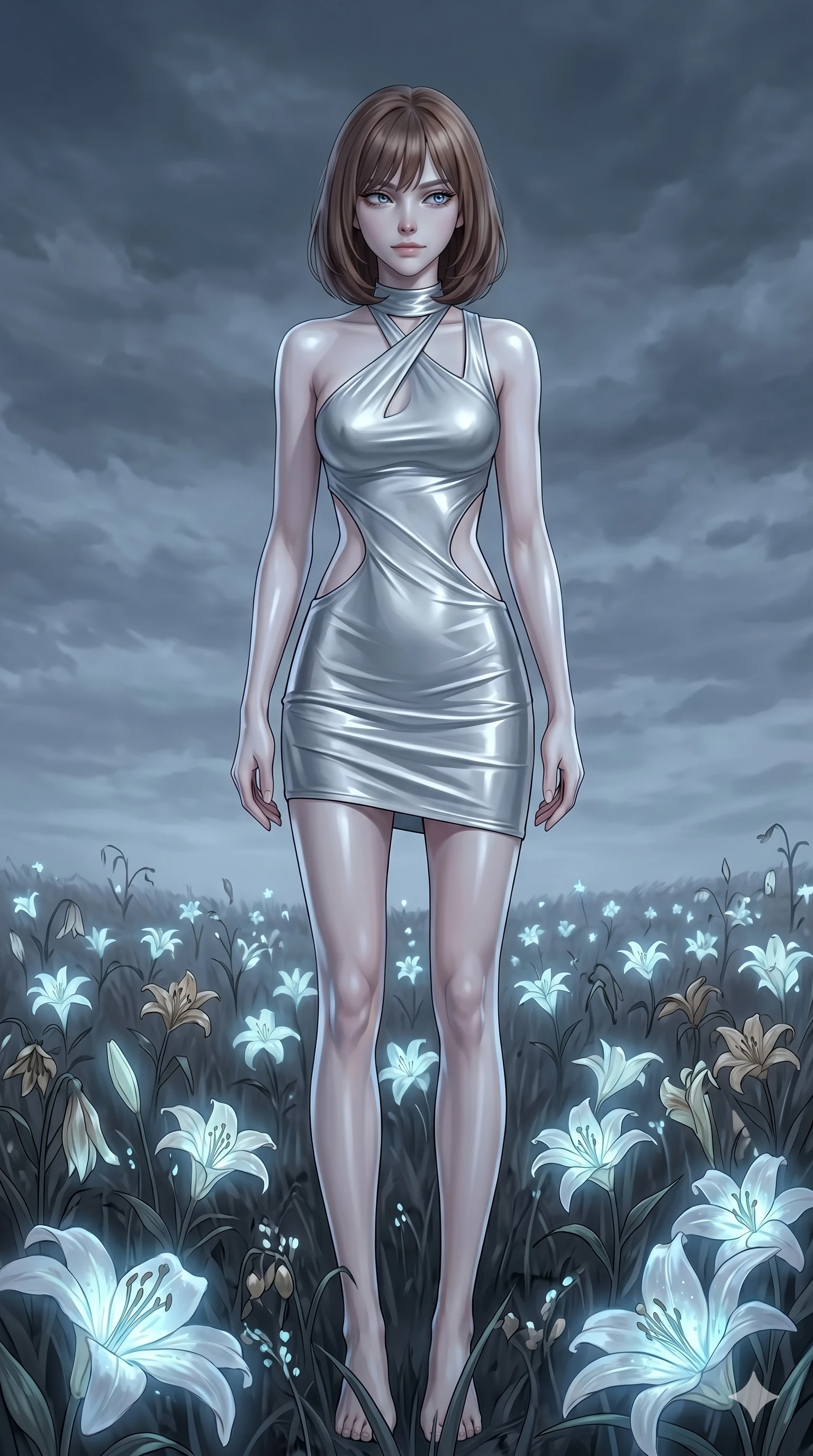 score_9, masterpiece, best quality, ultra-detailed, high-budget anime keyframe, editorial fashion photography, tasteful artistic composition, Caucasian woman, strictly human ears. cowboy shot from the thighs up, character and outfit filling the frame for maximum editorial presence. looking sidelong at the viewer with a melancholy, weary half-smile that doesn't reach her eyes standing in a field of withered bioluminescent lilies under a cloudy night sky (Scenario Code S-7). She has an absolutely perfect 8-heads proportion, an exceptionally tall and slender female figure with impossibly long slender legs and an ultra-slim waist. V-shaped jawline, high-bridge nose, intricate jewel-like eyes with depth, thick eyelashes, glossy lips with a natural sheen. wearing a liquid silver jersey dress with an asymmetric collar and bold waist cutout lines. bathed in soft, cold ambient daylight filtering through the clouds, highlighting her pale skin. 2k, ultra detail, master piece, 9:16 ratio