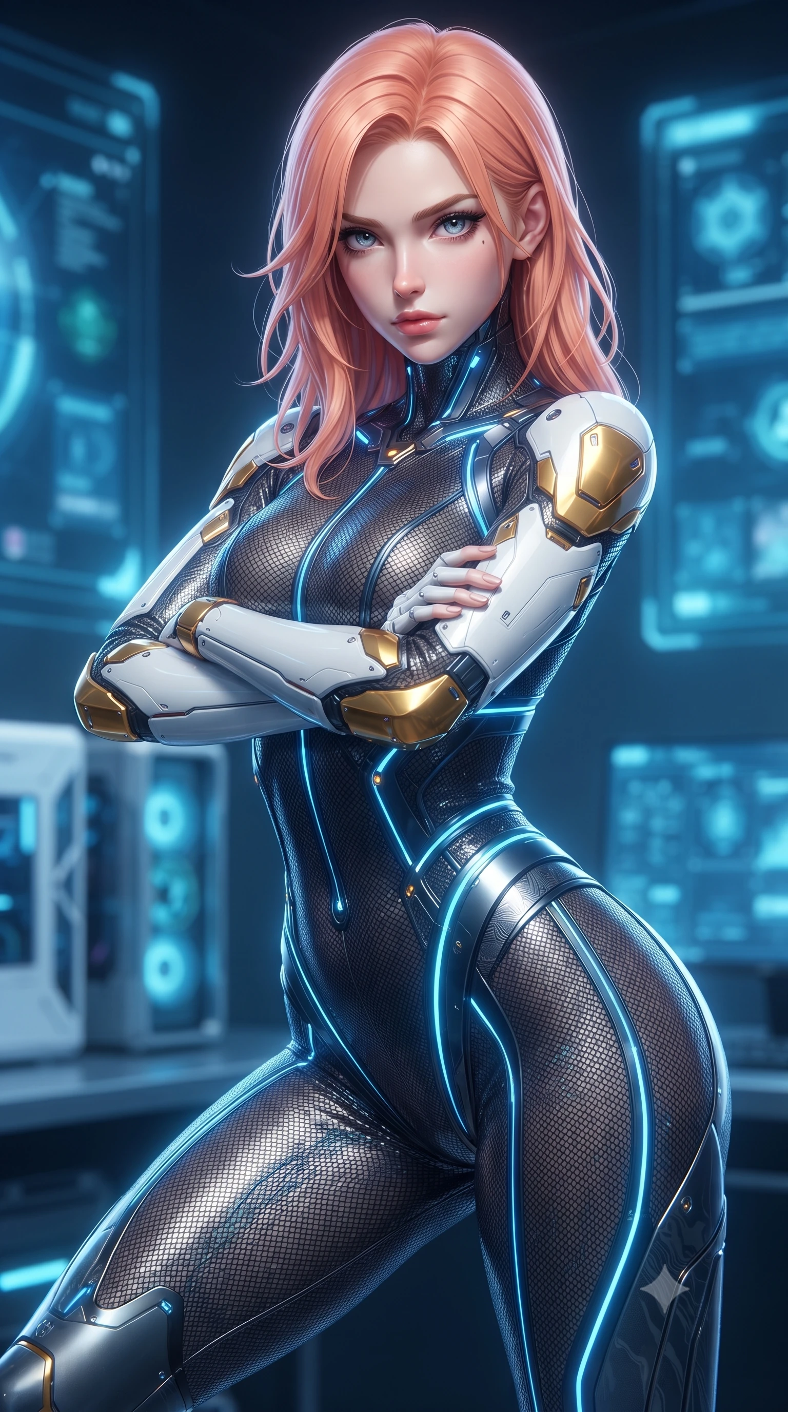 score_9, masterpiece, best quality, ultra-detailed, high-budget anime keyframe, editorial fashion photography, tasteful artistic composition, Japanese woman. close-up cowboy shot from the waist and thighs up, the character dominates the composition, filling the frame with her large presence. shifting into a low cat-stance with arms crossed defensively, glowing energy conduits tracing her ultra-slim waist and sculpted clavicle while resting one hand along her slender hip while gazing into the lens with an omniscient, dangerous martial smolder. The composition keeps background elements in soft focus with creamy bokeh. supercomputer processor towers and holographic interface walls softened in dreamy atmospheric depth. She has an exceptionally elegant, slender, and willowy female figure with an ultra-slim waist, a gracefully sculpted slender torso, toned flat midriff, and a refined slim silhouette. sharp v-shaped jawline, high-bridge nose, intricate jewel-like eyes with depth, thick eyelashes, glossy lips with a natural sheen, flawlessly proportioned anatomical accuracy, strict slender model proportions, natural body alignment, perfectly sculpted long slender limbs, ultra-slim waistline, clean dynamic posture without body distortion. wearing an aerodynamic dark titanium carbon-mesh jumper with glowing blue fiber lines and reinforced Damascus-pattern arm guards in arctic white carbon composite with radiant solar gold plating, crafted from semi-translucent cybernetic carbon-vinyl interwoven with glowing micro-filaments, finished with high-mobility flexible limb seams and miniature magnetic armor locks, the glove-like aerodynamic second-skin fit tightly clinging to her ultra-slender waist and athletic curves without adding bulk, accentuating her razor-sharp statuesque lines and slim hourglass silhouette. bathed in glowing electric sapphire and cyan data stream illumination with rich ambient blue fill. ultra-reflective glossy finish, specular highlights, dark metallic sheen, high-contrast stereoscopic depth, volumetric dynamic lighting, 2k, ultra detail, master piece, 9:16 ratio