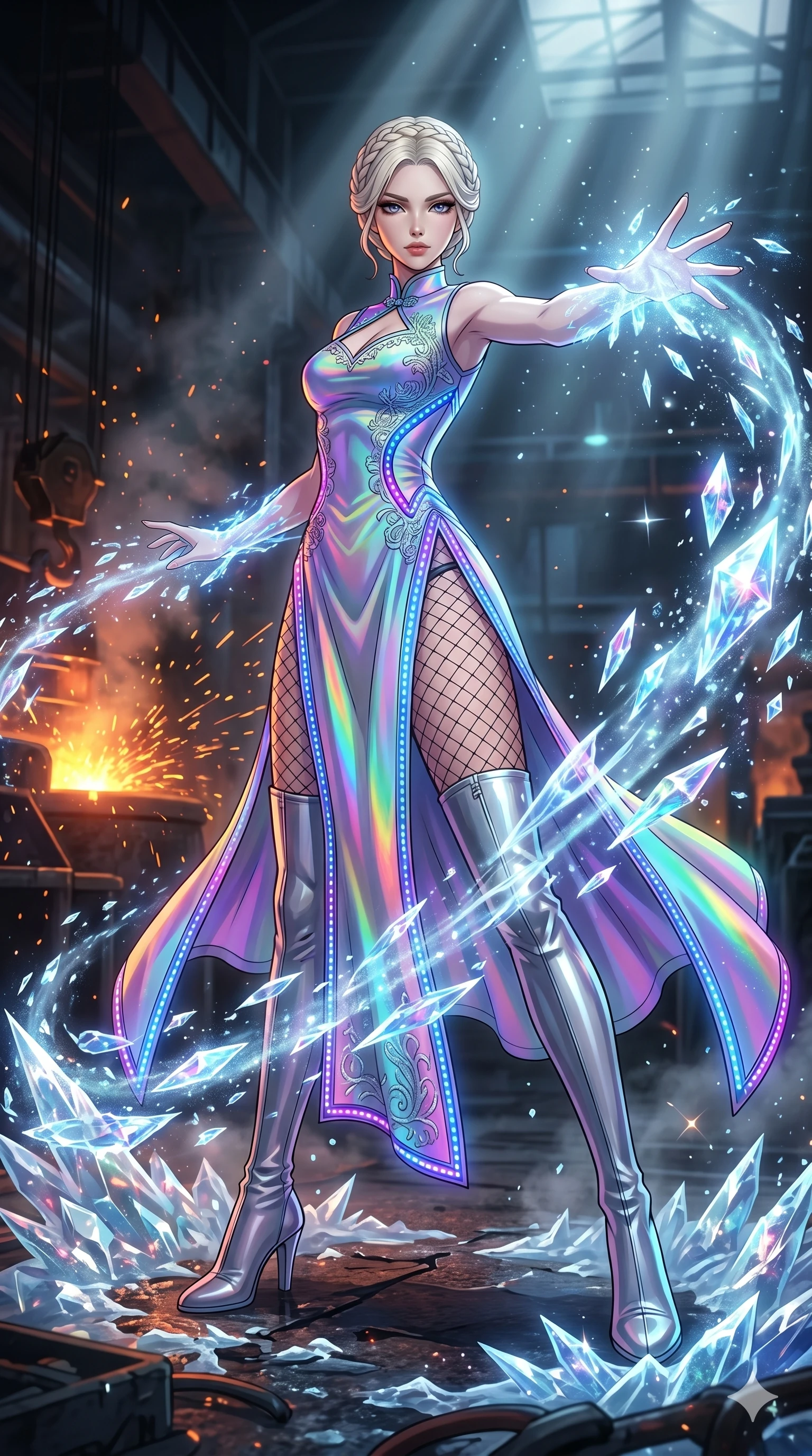 score_9, masterpiece, best quality, ultra-detailed, High-budget Anime Keyframe, vibrant colors, fluid line-art, expressive lighting, cinematic composition, Ufotable-style visual effects, top-tier animation quality, Caucasian woman with pale skin, blonde hair, and (strictly human ears). Dynamic full-body shot stretching the vertical silhouette, capturing her from a powerful low-angle perspective. Casting a powerful ice spell that instantly turns the humid air into a storm of sharp, glittering ice crystals. She has an absolutely perfect 8-heads proportion, an exceptionally tall and slender female figure with impossibly long slender legs and an ultra-slim waist, her statuesque height and towering silhouette dominating the vertical 9:16 frame. Her face is a masterpiece featuring a sharp v-shaped jawline, high-bridge nose, intricate jewel-like eyes with depth, thick eyelashes, and glossy lips with a natural sheen. She is wearing a Cyberpunk neon-lit qipao with a dangerous high slit and intricate digital embroidery crafted from Holographic chiffon that changes color with every movement, creating a rainbow effect, accompanied by sensual fishnet stockings and thigh-high metallic boots. The scene is set in a gritty industrial factory with glowing molten metal, flying sparks, and deep shadows, illuminated by volumetric light beams cutting through a hazy atmosphere, creating a sense of depth. 2k, ultra detail, master piece, 9:16 ratio