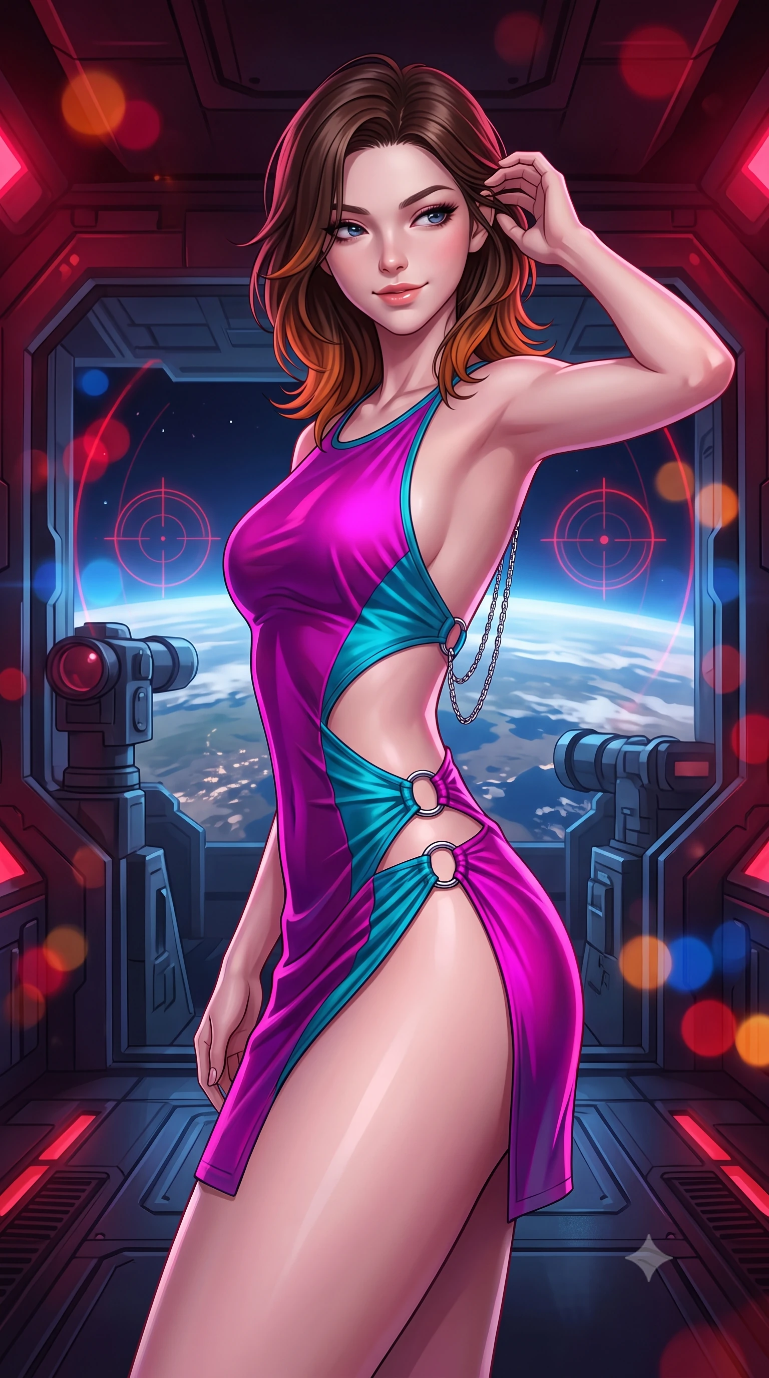 score_9, masterpiece, best quality, ultra-detailed, high-budget anime keyframe, semi-realistic 3D game render, editorial fashion photography, tasteful artistic composition, Korean woman. close-up cowboy shot from the waist and thighs up, the character dominates the composition, filling the frame with her large presence. gently brushing a lock of hair behind her ear while casting a playful, flirtatious side-gaze with long eyelashes while standing poised on the heavy armored gun deck overlooking banks of targeting periscopes, arching her spine with breathtaking anime heroine allure as blast shutters open to the planet below. The background shows a soft-focus pulsing crimson battle stations strobes, circular targeting reticles over planetary continents, and massive hydraulic blast shutters blurred into crimson, amber, and cobalt bokeh. She has an exceptionally elegant, slender, and willowy female figure with an ultra-slim waist, flat toned midriff, narrow ribcage, and sculpted feminine hips creating an alluring, slim hourglass silhouette without bulk. sharp v-shaped jawline, high-bridge nose, intricate jewel-like sparkling eyes with depth, thick eyelashes, glossy parted lips with a natural peach sheen, bright cheerful beaming smile with an enchanting and coquettish sensual glint, exuding both youthful cute charm and seductive allure, flawlessly proportioned anatomical accuracy, strict slender model proportions, natural body alignment, perfectly sculpted long slender limbs, ultra-slim waistline, clean dynamic posture without body distortion. wearing a provocative open-waist combat cutout mini dress framed by polished chrome ring hardware and thigh-high slit in Kowloon neon magenta and electric teal, made of fluid liquid jersey with seamless sculpting hold and smooth contours, accented with an open-back drape framed by falling strands of delicate chrome chains, the high-slit wrap tailoring accentuating her ultra-slim waistline and the enchanting curve of her feminine hips with alluring seductive charm. bathed in moody 660nm deep crimson battle stations lighting mixed with cool blue planetary city-light radiance. highly saturated vibrant anime colors, detailed shading with soft gradients, rich glossy textures, high-contrast stereoscopic depth, volumetric dynamic lighting, master piece, 9:16 ratio