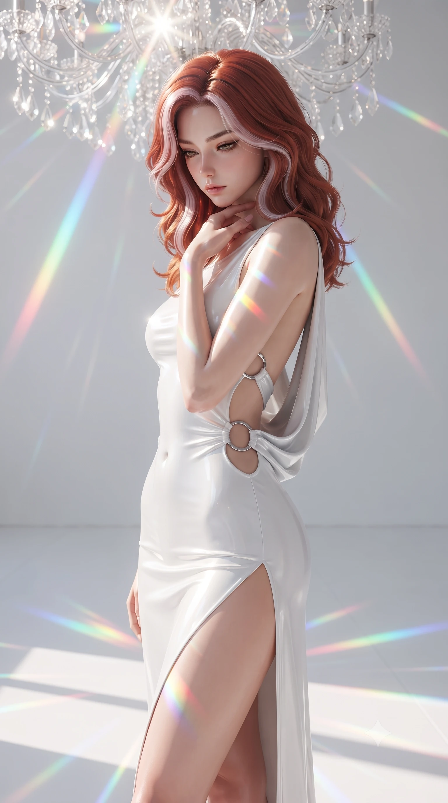 score_9, masterpiece, best quality, ultra-detailed, high-budget anime keyframe, editorial fashion photography, tasteful artistic composition, Caucasian woman. close-up cowboy shot from the waist and thighs up, the character dominates the composition, filling the frame with her large presence. resting her fingers lightly against her throat while looking down with a smoldering, haughty yet intensely captivating glance while pausing beneath a crystal chandelier refracting sunlight into dazzling rainbow rays across her skin. The surrounding environment is rendered in vivid detail and crisp panoramic clarity. razor-sharp optical crystal prism facets, distinct rainbow light band borders, and white gallery floor in deep focus. She has an exceptionally elegant, slender, and willowy female figure with an ultra-slim waist, a gracefully sculpted slender torso, toned flat midriff, and a refined slim silhouette. sharp v-shaped jawline, high-bridge nose, intricate jewel-like eyes with depth, thick eyelashes, glossy lips with a natural sheen, flawlessly proportioned anatomical accuracy, strict slender model proportions, natural body alignment, perfectly sculpted long slender limbs, ultra-slim waistline, clean dynamic posture without body distortion. wearing a precision-fitted liquid jersey bodycon dress with a dramatic draped cowl back that swoops down to her waist and a high side slit in high-gloss monochrome white and sharp black contrast, crafted from ultra-reflective second-skin latex with a high-gloss glass-like polish, detailed with polished silver rings connecting the daring side-waist cutouts, the form-contouring material adhering flawlessly to her sculpted flat midriff and slender torso, emphasizing her long leg lines and perfectly proportioned willowy build. bathed in brilliant natural white daylight intersected by vivid saturated rainbow prism beams. ultra-reflective glossy finish, specular highlights, metallic sheen, high-contrast stereoscopic depth, volumetric dynamic lighting, 2k, ultra detail, master piece, 9:16 ratio