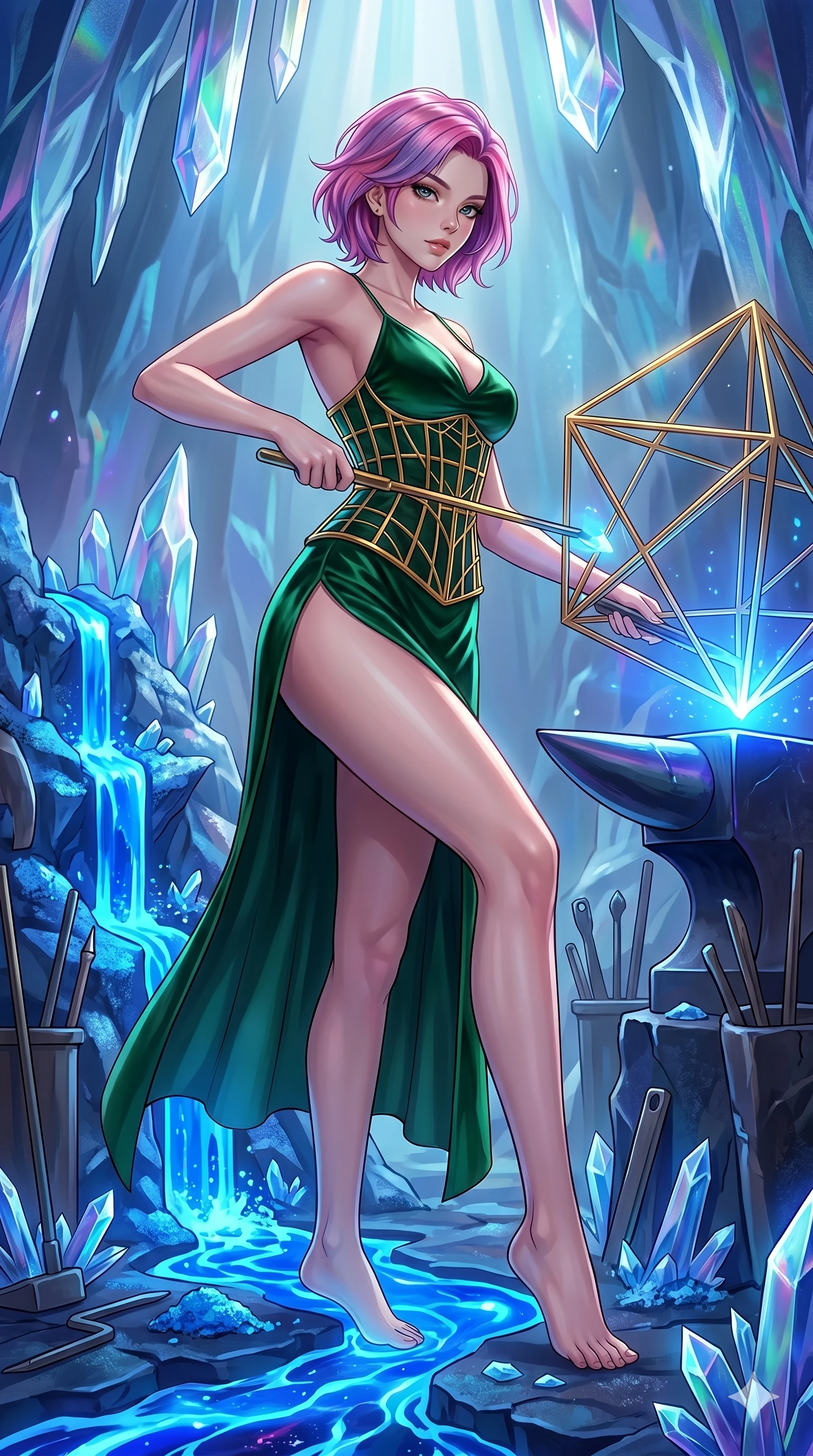 score_9, masterpiece, best quality, ultra-detailed, high-budget anime keyframe, Caucasian woman, strictly human ears. low angle full-body shot filling the entire 9:16 frame with her statuesque presence, stretching the vertical silhouette. forging in a prismatic ice-volcano temple where glowing cobalt-blue liquid magma flows between frozen blue ash crystals. She has an absolutely perfect 8-heads proportion, an exceptionally tall and slender female figure with impossibly long slender legs and an ultra-slim waist. V-shaped jawline, high-bridge nose, intricate jewel-like eyes with depth, thick eyelashes, glossy lips with a natural sheen.. wearing a mathematical gold wire cage corset and an emerald green silk velvet slip dress with a thigh-high side slit. accented by dynamic color-blocked lighting with high-contrast shadows emphasizing her statuesque height. 2k, ultra detail, master piece, 9:16 ratio