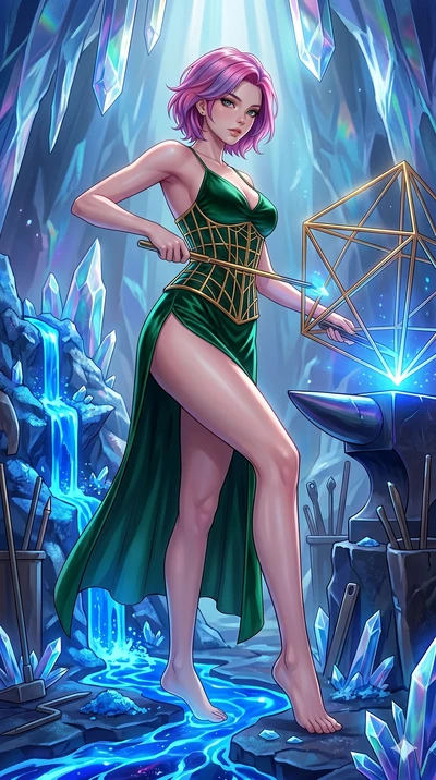 score_9, masterpiece, best quality, ultra-detailed, high-budget anime keyframe, Caucasian woman, strictly human ears. low angle full-body shot filling the entire 9:16 frame with her statuesque presence, stretching the vertical silhouette. forging in 