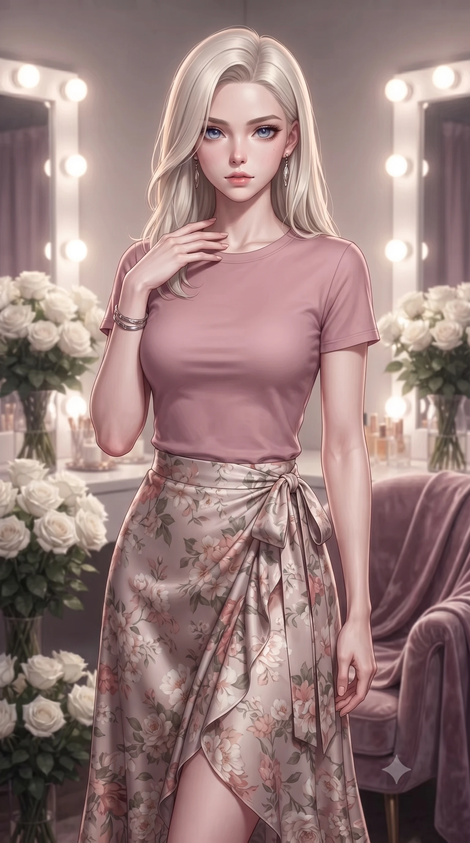 score_9, masterpiece, best quality, ultra-detailed, high-budget anime keyframe, editorial fashion photography, tasteful artistic composition, Caucasian woman. close-up cowboy shot from the waist and thighs up, the character dominates the composition, filling the frame with her large presence, background elements kept in soft focus. standing with one hand resting on her collarbone, looking at the viewer with bedroom-eyes the background shows a soft-focus the private dressing room of a lead soprano with bouquets of white roses. She has an exceptionally elegant, slender, and willowy female figure with an ultra-slim waist, a gracefully sculpted slender torso, and a refined silhouette. sharp v-shaped jawline, high-bridge nose, intricate jewel-like eyes with depth, thick eyelashes, glossy lips with a natural sheen. wearing a slim-fit simple crewneck t-shirt in dusty pink paired with a floral print wrap skirt. soft vanity lighting reflecting off the mirrors to create a glowing frame. ultra-reflective glossy finish, specular highlights, metallic sheen, high-contrast stereoscopic depth, volumetric dynamic lighting, 2k, ultra detail, master piece, 9:16 ratio