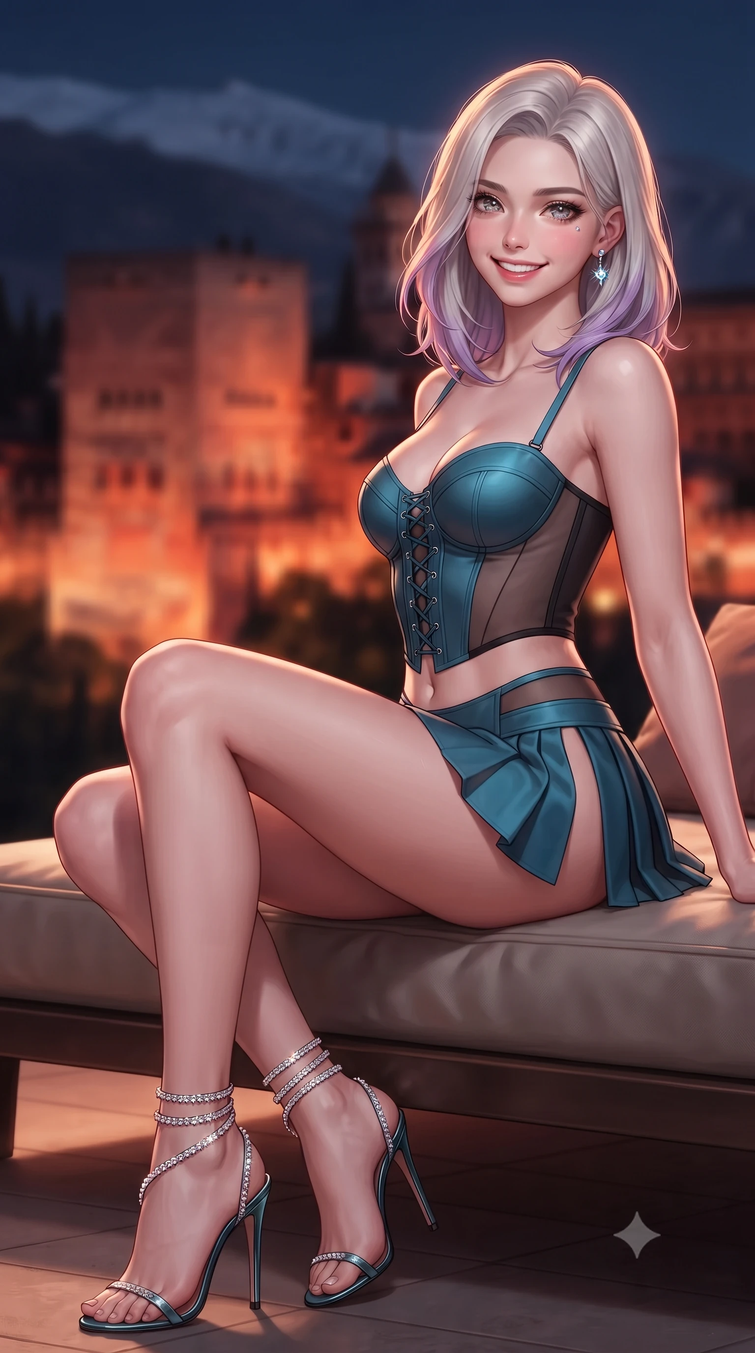 score_9, masterpiece, best quality, ultra-detailed, high-budget anime keyframe, editorial fashion photography, tasteful artistic composition, Caucasian woman. close-up cowboy shot from the waist and thighs up, the character dominates the composition, filling the frame with her large presence. perched sideways on the lounge seat, one knee drawn up to showcase her slender leg line while her arched back accentuates her feminine hip curve while twisting her slender torso in an alluring contrapposto stance beside the private plunge pool, cypress tree shadows tracing her narrow waist and hips. The background shows a soft-focus monumental glowing red stone towers of the Alhambra against the midnight Sierra Nevada peaks, Granada city lights, blurred into amber, crimson, and obsidian bokeh. She has an exceptionally elegant, slender, and willowy female figure with an ultra-slim waist, flat toned midriff, narrow ribcage, and sculpted feminine hips creating an alluring, slim hourglass silhouette without bulk. sharp v-shaped jawline, high-bridge nose, intricate jewel-like sparkling eyes with depth, thick eyelashes, glossy parted lips with a natural peach sheen, bright cheerful beaming smile with an enchanting and coquettish sensual glint, exuding both youthful cute charm and seductive allure, flawlessly proportioned anatomical accuracy, strict slender model proportions, natural body alignment, perfectly sculpted long slender limbs, ultra-slim waistline, clean dynamic posture without body distortion. wearing a structured Seville boned lace-up bustier top paired with an ultra-short low-rise pleated micro mini skirt in Icelandic geothermal cyan and volcanic basalt obsidian, featuring strategic sheer-illusion tulle side panels framing her ribcage and hips, complemented by strappy stiletto sandals with crystal ankle wraps accentuating her slender calves, the high-slit wrap tailoring accentuating her ultra-slim waistline and the enchanting curve of her feminine hips with alluring seductive charm. illuminated by terrace ground bounce and sharp warm-gold rim lights sculpting her jawline, narrow waist, and curvy hips. ultra-reflective glossy finish, specular highlights, rich textural contrasts, high-contrast stereoscopic depth, volumetric dynamic lighting, 2k, ultra detail, master piece, 9:16 ratio