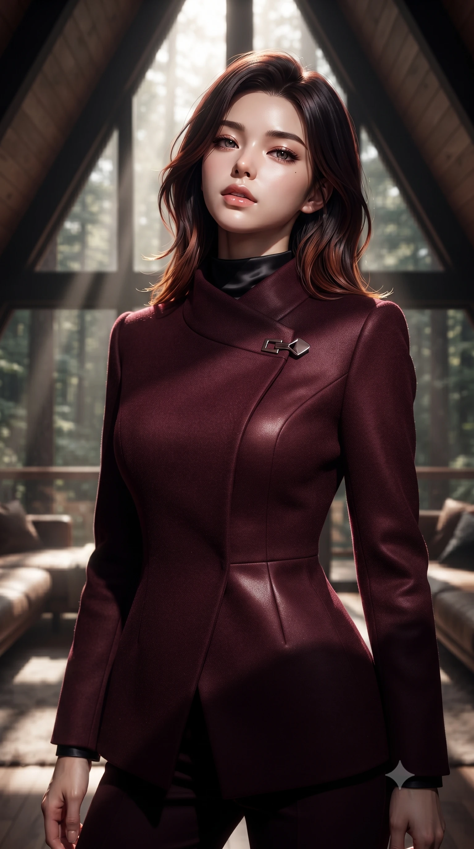 score_9, masterpiece, best quality, ultra-detailed, high-budget anime keyframe, editorial fashion photography, tasteful artistic composition, Korean woman. close-up cowboy shot from the waist and thighs up, the character dominates the composition, filling the frame with her large presence, background elements kept in soft focus. tilting her chin up slightly with lips parted in a composed, provocative expression the background shows a soft-focus the interior of an A-frame cabin cabin with large triangular windows showing forest. She has an exceptionally elegant, slender, and willowy female figure with an ultra-slim waist, a gracefully sculpted slender torso, and a refined silhouette. sharp v-shaped jawline, high-bridge nose, intricate jewel-like eyes with depth, thick eyelashes, glossy lips with a natural sheen. wearing a tailored tailored asymmetric jacket in deep burgundy wool with a high wrap collar, over a black silk mock-neck blouse. stark afternoon sunbeams slicing through a window, creating chiaroscuro shadows. ultra-reflective glossy finish, specular highlights, metallic sheen, high-contrast stereoscopic depth, volumetric dynamic lighting, 2k, ultra detail, master piece, 9:16 ratio