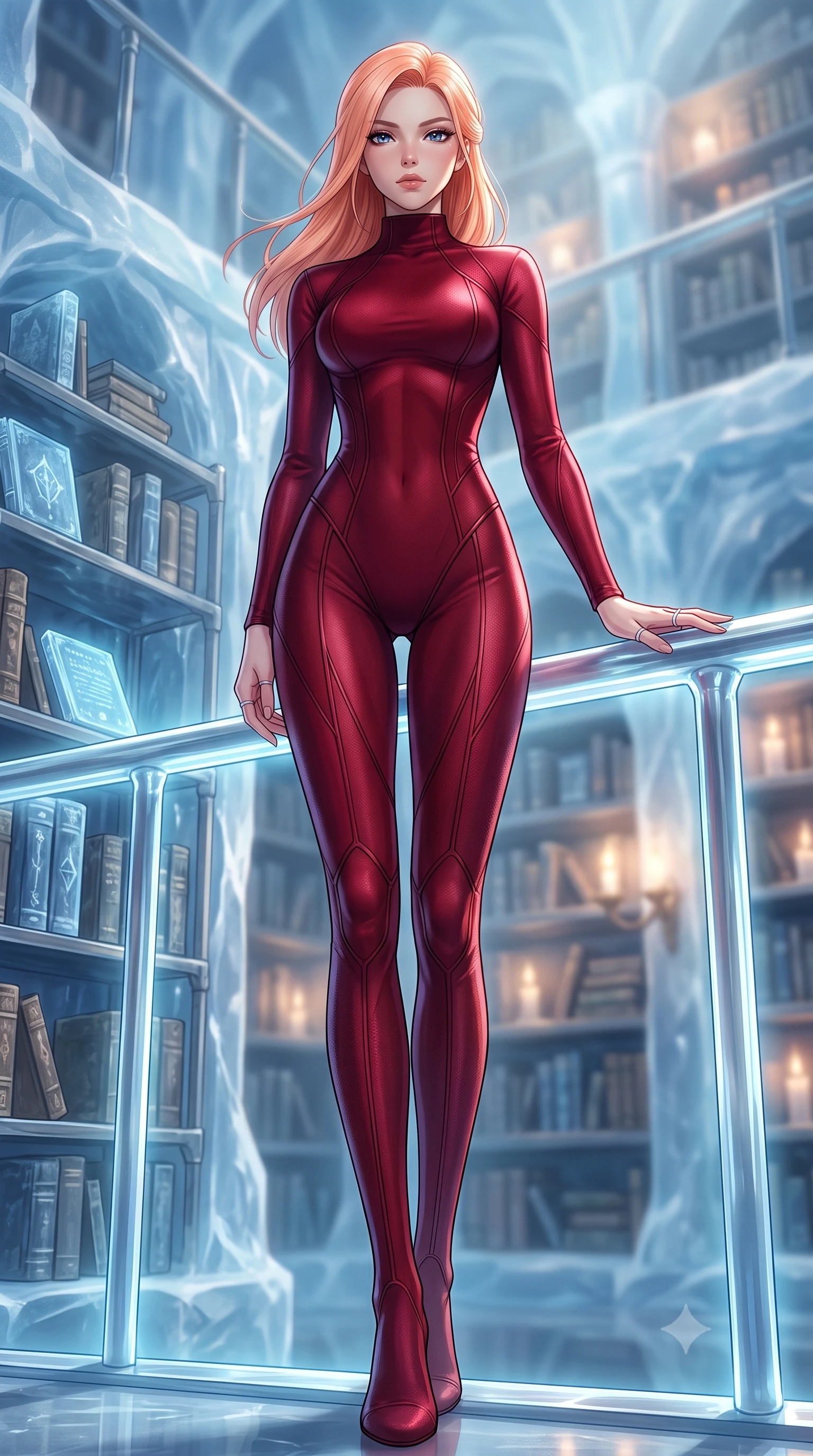 score_9, masterpiece, best quality, ultra-detailed, high-budget anime keyframe, editorial fashion photography, tasteful artistic composition, Japanese woman. low angle full-body shot from head to toe showing her feet, filling the entire 9:16 vertical frame with her statuesque presence, stretching her vertical silhouette. standing in a tall, confident posture with one hand on a glowing metal railing, stretching her statuesque body, the background shows a soft-focus an ice palace library with metal shelves, manuals, and tablets. She has an absolutely perfect, statuesque 8.5-heads proportion, an exceptionally tall and slender model-like female figure with impossibly long slender legs and an ultra-slim waist. sharp v-shaped jawline, high-bridge nose, intricate jewel-like eyes with depth, thick eyelashes, glossy lips with a natural sheen. wearing a form-contouring form-contouring high-neck bodycon suit in deep crimson, contouring her athletic build like a second skin. soft warm reading lights creating a quiet, focused, and meditative mood. highly saturated vibrant anime colors, detailed shading with soft gradients, rich glossy textures, high-contrast stereoscopic depth, volumetric dynamic lighting, master piece, 9:16 ratio