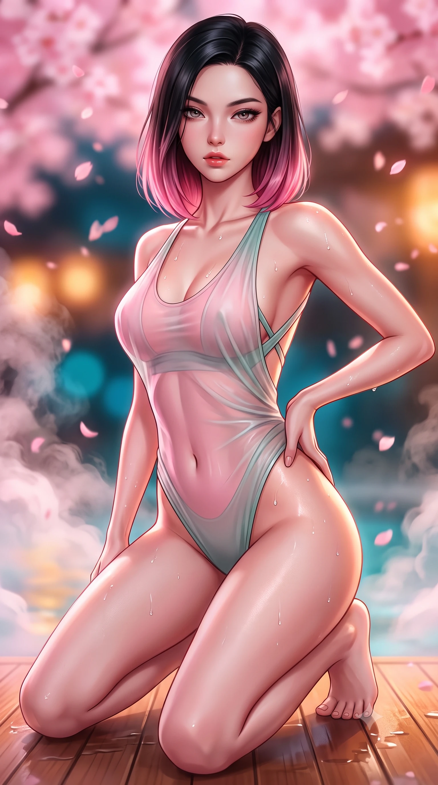 score_9, masterpiece, best quality, ultra-detailed, high-budget anime keyframe, semi-realistic 3D game render, editorial fashion photography, tasteful artistic composition, Korean woman. close-up cowboy shot from the waist and thighs up, the character dominates the composition, filling the frame with her large presence. leaning back with relaxed seductive grace, her sculpted collarbones and narrow waist highlighted as she casts smoldering bedroom-eyes directly into the camera while kneeling gracefully on the warm wet cedar deck, one hand resting on her bare hip as thermal steam caresses her feminine curves. The composition keeps background elements in soft focus with creamy bokeh. swirling thermal steam clouds and falling sakura petals blurred into soft blossom-pink, warm amber, and deep cyan bokeh. She has an exceptionally elegant, slender, and willowy female figure with an ultra-slim waist, a gracefully sculpted slender torso, toned flat midriff, and rounded feminine hips creating an alluring hourglass silhouette. sharp v-shaped jawline, high-bridge nose, intricate jewel-like eyes with depth, thick eyelashes, glossy parted lips with a natural sheen, intensely captivating and seductive bedroom-eyes expression, flawlessly proportioned anatomical accuracy, strict slender model proportions, natural body alignment, perfectly sculpted long slender limbs, ultra-slim waistline, clean dynamic posture without body distortion. wearing a second-skin thermal onsen monokini with high-cut hip openings and crossed back straps in lotus petal pink and jade mist, woven from sheer cascading chiffon that ripples like water, accented with water droplets glistening on her bare collarbones and hips, the second-skin form-contouring cut accentuating her sculpted flat midriff, narrow waistline, and dramatically curvy hips without adding bulk. bathed in soft pink cherry blossom ambient glow and warm underwater mineral pool lights. highly saturated vibrant anime colors, detailed shading with soft gradients, rich glossy textures, high-contrast stereoscopic depth, volumetric dynamic lighting, master piece, 9:16 ratio