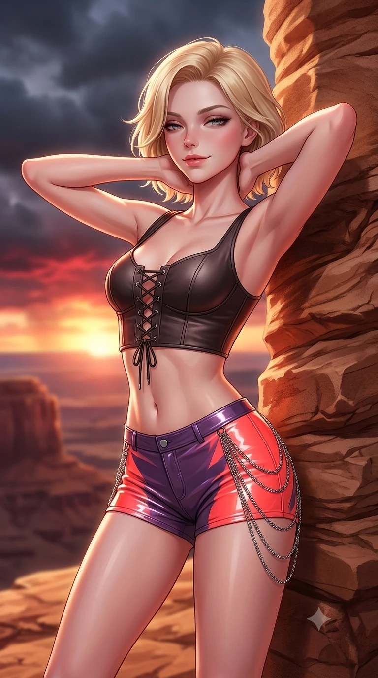 score_9, masterpiece, best quality, ultra-detailed, high-budget anime keyframe, semi-realistic 3D game render, editorial fashion photography, tasteful artistic composition, Caucasian woman. close-up cowboy shot from the waist and thighs up, the character dominates the composition, filling the frame with her large presence. resting both hands lightly behind her neck with elbows raised, arching her spine to highlight her narrow waist, flat midriff, and breathtaking collarbones while leaning against a wind-carved sandstone pillar with hips cocked back, gazing across the glowing plateau with heavy-lidded seductive bedroom-eyes. The background shows a soft-focus sunset desert storm clouds softened in majestic canyon escarpment shallow focus. She has an exceptionally elegant, slender, and willowy female figure with an ultra-slim waist, flat toned midriff, narrow ribcage, and sculpted feminine hips creating an alluring, slim hourglass silhouette without bulk. sharp v-shaped jawline, high-bridge nose, sparkling eyes with hypnotic seductive depth, thick curled eyelashes, glossy parted lips with a natural dewy peach sheen, alluring bedroom-eyes with an enchanting coquettish smile, exuding magnetic siren charisma and sophisticated glamour, flawlessly proportioned anatomical accuracy, strict slender model proportions, natural body alignment, perfectly sculpted long slender limbs, ultra-slim waistline, clean dynamic posture without body distortion. wearing a sculpted matte leather crop bustier with lace-up front paired with tight low-slung moto-shorts in blazing neon coral and desert twilight violet, crafted from wet-look high-gloss vinyl fabric with dazzling specular surface reflections, accented with an open-back drape framed by falling strands of delicate chrome chains, the impeccably tailored cut draping gracefully along her slender figure with aristocratic western poise. bathed in the dramatic, rich crimson and molten-gold illumination of the setting sun piercing beneath dark storm clouds. highly saturated vibrant anime colors, detailed shading with soft gradients, rich glossy textures, high-contrast stereoscopic depth, volumetric dynamic lighting, master piece, 9:16 ratio
