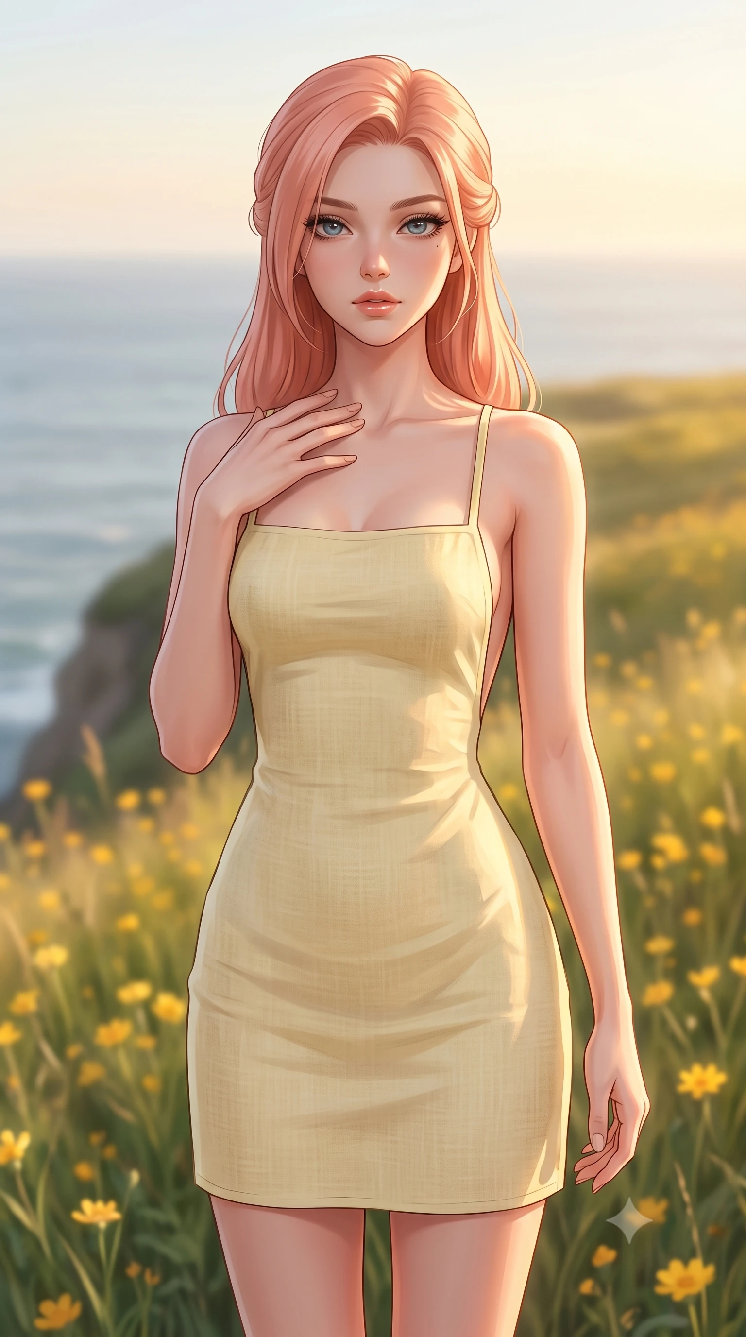 score_9, masterpiece, best quality, ultra-detailed, high-budget anime keyframe, editorial fashion photography, tasteful artistic composition, Japanese woman woman. close-up cowboy shot from the waist and thighs up, the character dominates the composition, filling the frame with her large presence, background elements kept in soft focus. standing with one hand resting on her collarbone, looking at the viewer with bedroom-eyes the background shows a soft-focus a grassy field of wild yellow flowers on a cliff overlooking the ocean. She has an exceptionally elegant, slender, and willowy female figure with an ultra-slim waist, a gracefully sculpted slender torso, and a refined silhouette. sharp v-shaped jawline, high-bridge nose, intricate jewel-like eyes with depth, thick eyelashes, glossy lips with a natural sheen. wearing a slim-fit backless summer sundress in pale yellow linen, showing her elegant shoulder blades. soft golden afternoon light wrapping the landscape in warmth. 2k, ultra detail, master piece, 9:16 ratio