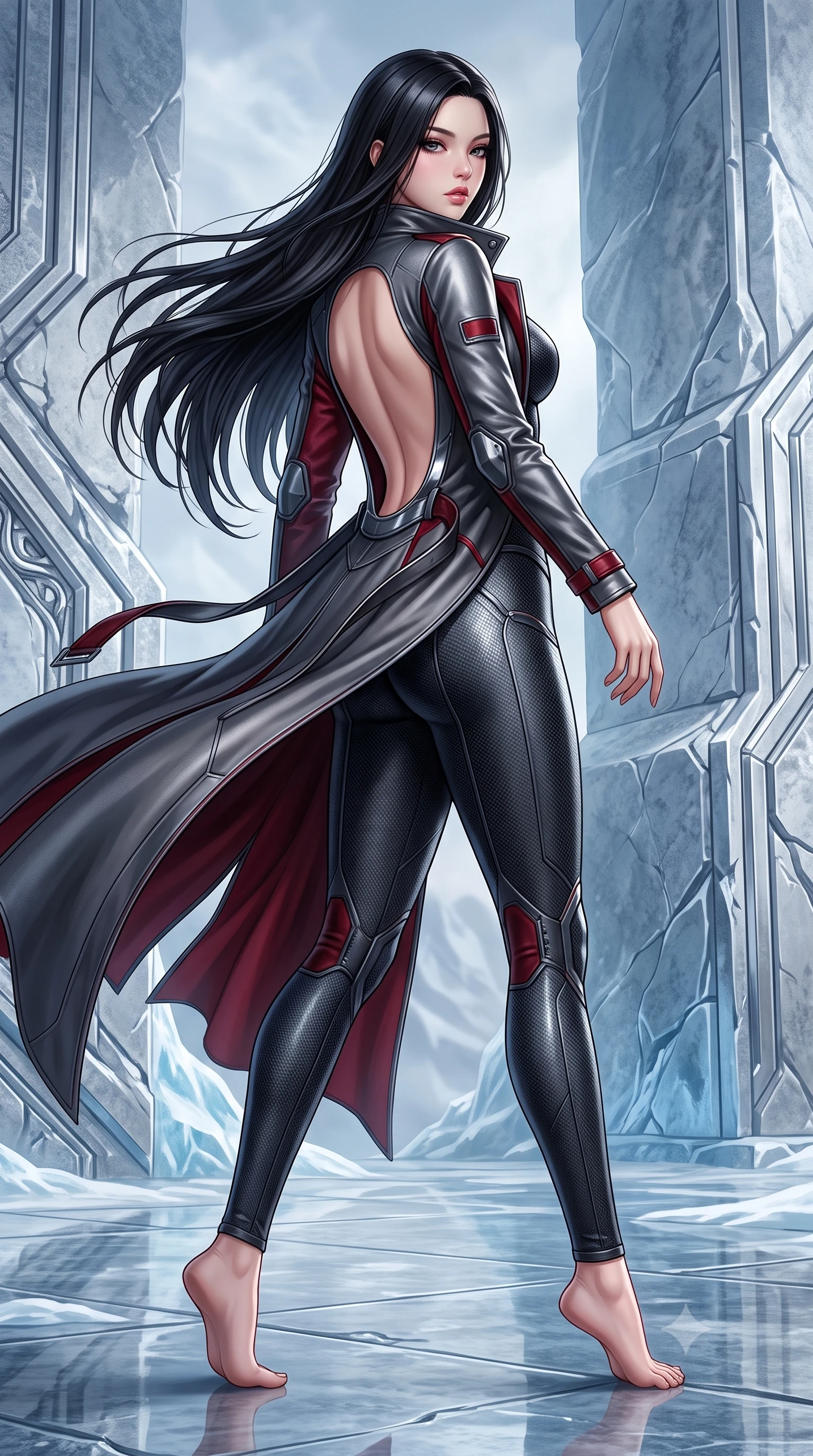 score_9, masterpiece, best quality, ultra-detailed, high-budget anime keyframe, semi-realistic 3D game render, editorial fashion photography, tasteful artistic composition, Korean woman. low angle full-body shot from head to toe showing her feet, filling the entire 9:16 vertical frame with her statuesque presence, stretching her vertical silhouette. striding forward in a proud supermodel runway stride, hips swaying in an alluring kinetic rhythm that accentuates her curvy hourglass silhouette while striding across the reflective frozen stone temple floor, hips swaying in an alluring rhythm as gale-force winds whip her silk drapery. The surrounding environment is rendered in vivid detail and crisp panoramic clarity. sharp chrome runestone carvings, glacier ice fissure clarity, and titanium armor panel seams in deep focus. She has an absolutely perfect, statuesque 8.5-heads proportion, an exceptionally tall and slender model-like female figure with impossibly long slender legs, a toned flat midriff, an ultra-slim waist, and beautifully sculpted feminine hips. sharp v-shaped jawline, high-bridge nose, intricate jewel-like eyes with depth, thick eyelashes, glossy parted lips with a natural sheen, intensely captivating and seductive bedroom-eyes expression, flawlessly proportioned anatomical accuracy, strict slender model proportions, natural body alignment, perfectly sculpted long slender limbs, ultra-slim waistline, clean dynamic posture without body distortion. wearing a second-skin dark carbon-weave infiltration catsuit paired with a tailored long leather trench coat in titanium gunmetal and blood-crimson accents, crafted from lightweight carbon-titanium composite with precision beveled seams, finished with high-mobility flexible armor joints and magnetic gear clasps, the dramatically scooped open back descending to the base of her spine, accentuating her razor-sharp statuesque lines and curvy hourglass silhouette. illuminated by crisp metallic specular reflections sharply defining her sculpted waist, bare spine, and curvy hips. highly saturated vibrant anime colors, detailed shading with soft gradients, rich glossy textures, high-contrast stereoscopic depth, volumetric dynamic lighting, master piece, 9:16 ratio