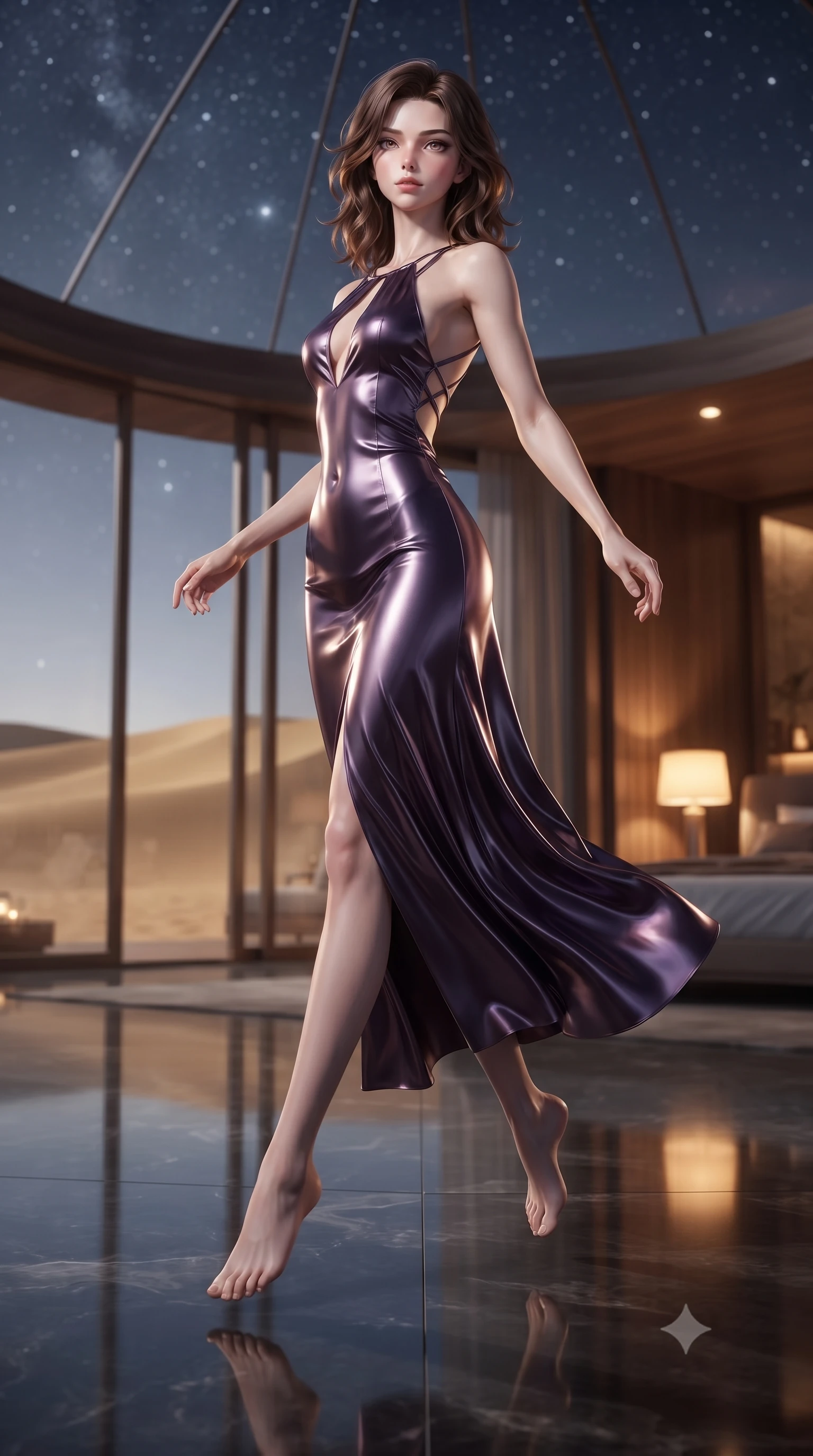 score_9, masterpiece, best quality, ultra-detailed, high-budget anime keyframe, editorial fashion photography, tasteful artistic composition, Korean woman woman. low angle full-body shot from head to toe showing her feet, filling the entire 9:16 vertical frame with her statuesque presence, stretching her vertical silhouette. She has an absolutely perfect, statuesque 8.5-heads proportion, an exceptionally tall and slender model-like female figure with impossibly long slender legs and an ultra-slim waist. mid-air spin above the reflective floor, maintaining an athletic and perfectly balanced poise, flawlessly proportioned anatomical accuracy, natural body alignment, perfectly sculpted elegant limbs, clean dynamic posture without body distortion. set against a soft-focus background of a luxury eco-dome suite in a golden sand desert under stars. wearing a plunging keyhole neck silk slip dress with an open-back design and cross-strap detailing. bathed in cool silver starlight contrasting with warm interior amber reading lamps. ultra-reflective glossy finish, specular highlights, metallic sheen, high-contrast stereoscopic depth, volumetric dynamic lighting, 2k, ultra detail, master piece, 9:16 ratio