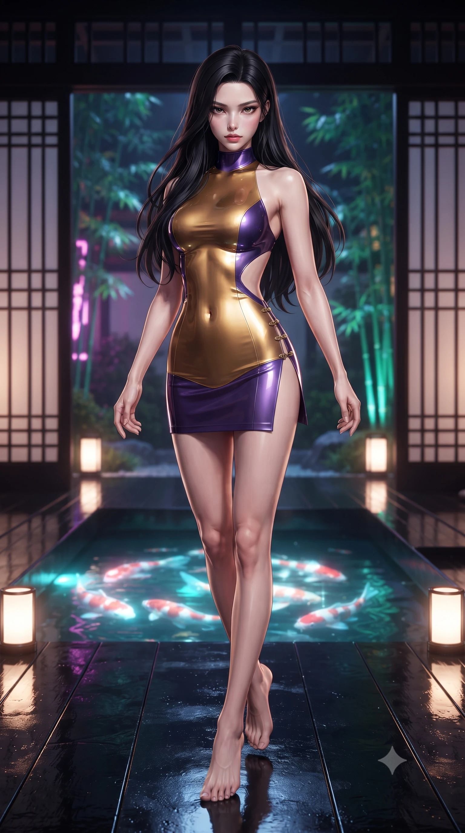 score_9, masterpiece, best quality, ultra-detailed, high-budget anime keyframe, editorial fashion photography, tasteful artistic composition, Korean woman. low angle full-body shot from head to toe showing her feet, filling the entire 9:16 vertical frame with her statuesque presence, stretching her vertical silhouette. performing an alluring mid-air vault with flawless poise, looking directly into the camera with smoldering intensity while sitting on a polished black lacquer veranda overlooking a glowing holographic koi pond. The composition keeps background elements in soft focus with creamy bokeh. traditional lattice screens and neon-lit garden bamboo softened by shallow depth of field. She has an absolutely perfect, statuesque 8.5-heads proportion, an exceptionally tall and slender model-like female figure with impossibly long slender legs and an ultra-slim waist. sharp v-shaped jawline, high-bridge nose, intricate jewel-like eyes with depth, thick eyelashes, glossy lips with a natural sheen, flawlessly proportioned anatomical accuracy, natural body alignment, perfectly sculpted elegant limbs, clean dynamic posture without body distortion. wearing a second-skin fashion-latex mini dress with a clean architectural front, featuring an open-back design that wraps around the sides of her waist, showcasing her slender silhouette in lustrous molten gold and pure deep violet, crafted from ultra-reflective second-skin latex with a glass-like polish, finished with an ultra-high side slit secured by miniature magnetic clasps, the form-contouring second-skin material highlighting her ultra-slim waist and long lines. illuminated by soft glowing floor uplights and sharp specular highlights on wet lacquer. ultra-reflective glossy finish, specular highlights, metallic sheen, high-contrast stereoscopic depth, volumetric dynamic lighting, 2k, ultra detail, master piece, 9:16 ratio