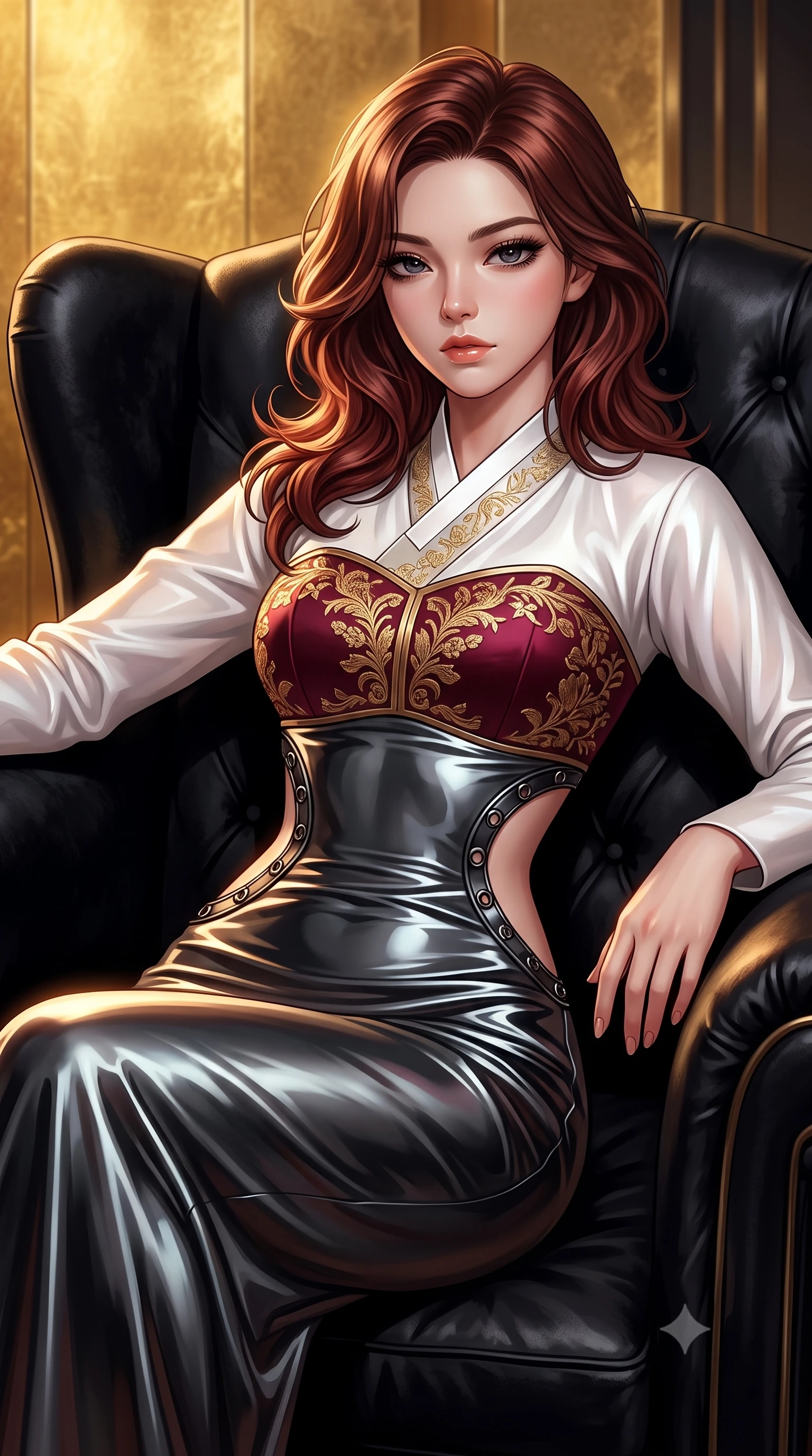 score_9, masterpiece, best quality, ultra-detailed, high-budget anime keyframe, editorial fashion photography, tasteful artistic composition, Korean woman. close-up cowboy shot from the waist and thighs up, the character dominates the composition, filling the frame with her large presence, background elements kept in soft focus. Casting a slow, direct gaze beneath heavy lashes with quiet intensity, lounging in a deep black leather armchair in an exclusive private suite, high-contrast black velvet and dark leather absorbing ambient darkness. She has an exceptionally elegant, slender, and willowy female figure with an ultra-slim waist, a gracefully sculpted slender torso, and a refined silhouette. sharp v-shaped jawline, high-bridge nose, intricate jewel-like eyes with depth, thick eyelashes, glossy lips with a natural sheen. wearing modern fusion white hanbok dress with structured gold-embroidered bodice in deep crimson burgundy, made of liquid dark mercury jersey, trimmed with dark chrome ring hardware along the waist contours, the fitted fabric emphasizing her ultra-slim waist. illuminated by warm golden light radiating from gold-leaf accent walls. highly saturated vibrant anime colors, detailed shading with soft gradients, rich glossy textures, high-contrast stereoscopic depth, volumetric dynamic lighting, master piece, 9:16 ratio
