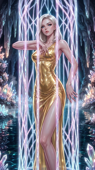 score_9, masterpiece, best quality, ultra-detailed, High-budget Anime Keyframe, Caucasian woman, strictly human ears. Low angle cowboy shot filling the entire 9:16 frame with her statuesque presence. Scenario 385: trapped in a cage of glowing crystal