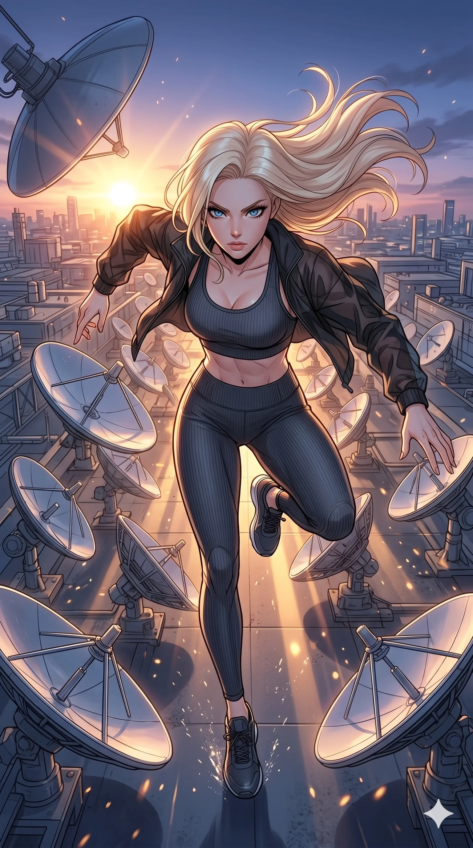 score_9, masterpiece, best quality, ultra-detailed, high-budget anime movie keyframe, cinematic anime lighting, intricate line art, Korean anime girl. Extreme high angle shot as she leaps towards the camera, filling the frame. charging through a field of satellite dishes as they pivot wildly. She has an absolutely perfect 8-heads proportion, an exceptionally tall and slender female figure with an ultra-slim waist and impossibly long slender legs. strictly human anatomy, two legs only, no extra limbs, clearly defined legs and arms, perfect anatomy, perfect hands and fingers. sharp v-shaped jawline, high-bridge nose, intricate jewel-like eyes, thick eyelashes, glossy lips. Wearing Premium Athleisure: Ribbed sports bra and leggings set, sheer windbreaker, and sleek high-performance activewear. The scene is illuminated by dramatic atmospheric lighting and vibrant color palettes. , 2k, ultra detail, master piece, 9:16 ratio