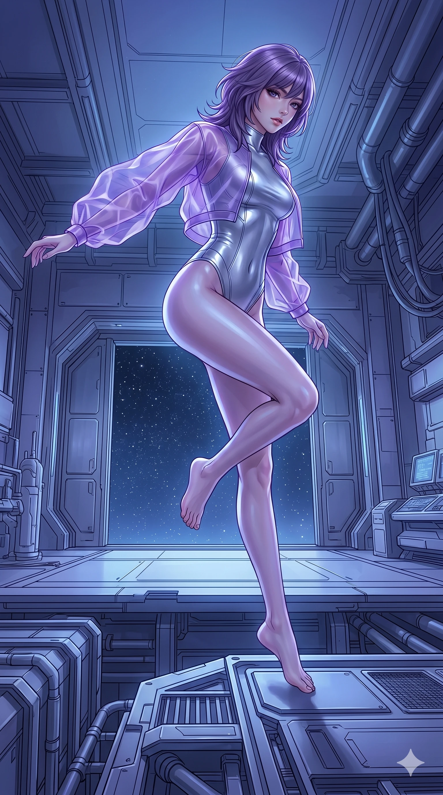 score_9, masterpiece, best quality, ultra-detailed, high-budget anime keyframe, editorial fashion photography, tasteful artistic composition, Japanese woman. low angle full-body shot from head to toe showing her feet, filling the entire 9:16 vertical frame with her statuesque presence, stretching her vertical silhouette. Leaping downward from a height, her body poised for landing with athletic grace inside a futuristic hangar bay with a large metal door opening to a starry sky. She has an absolutely perfect 8-heads proportion, an exceptionally tall and slender female figure with impossibly long slender legs and an ultra-slim waist. V-shaped jawline, high-bridge nose, intricate jewel-like eyes with depth, thick eyelashes, glossy lips with a natural sheen. wearing a translucent violet organza crop jacket worn over a metallic silver form-contouring bodysuit. bathed in a cool, ethereal blue-violet bioluminescent glow that highlights her form from all sides. 2k, ultra detail, master piece, 9:16 ratio