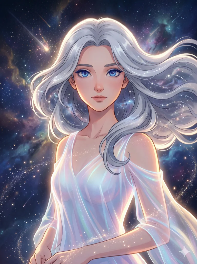 score_9, masterpiece, best quality, ultra-detailed, highend animation keyframe, an incredibly beautiful ethereal Caucasian woman with flawless pale skin (strictly human ears). Close-up portrait filling more than half of the frame. She is a star-child born from a dying star, her touch turning everything into stardust. She has an absolutely perfect petite and compact proportion, a petite female figure with a delicate skinny figure and fragile aesthetic. Her face is a highly detailed masterpiece featuring a v-shaped jawline, high-bridge nose, intricate sapphire-like eyes, thick eyelashes, and glossy lips. She has silver flowing hair like a cosmic cloud. She is wearing a sheer fabric dress that glows with inner light, highlighting her alluring silhouette. Cosmic explosion and starfield background, dramatic rim lighting, radiant glowing skin, cinematic dynamic light, 2k, ultra detail, master piece, 3:4 ratio