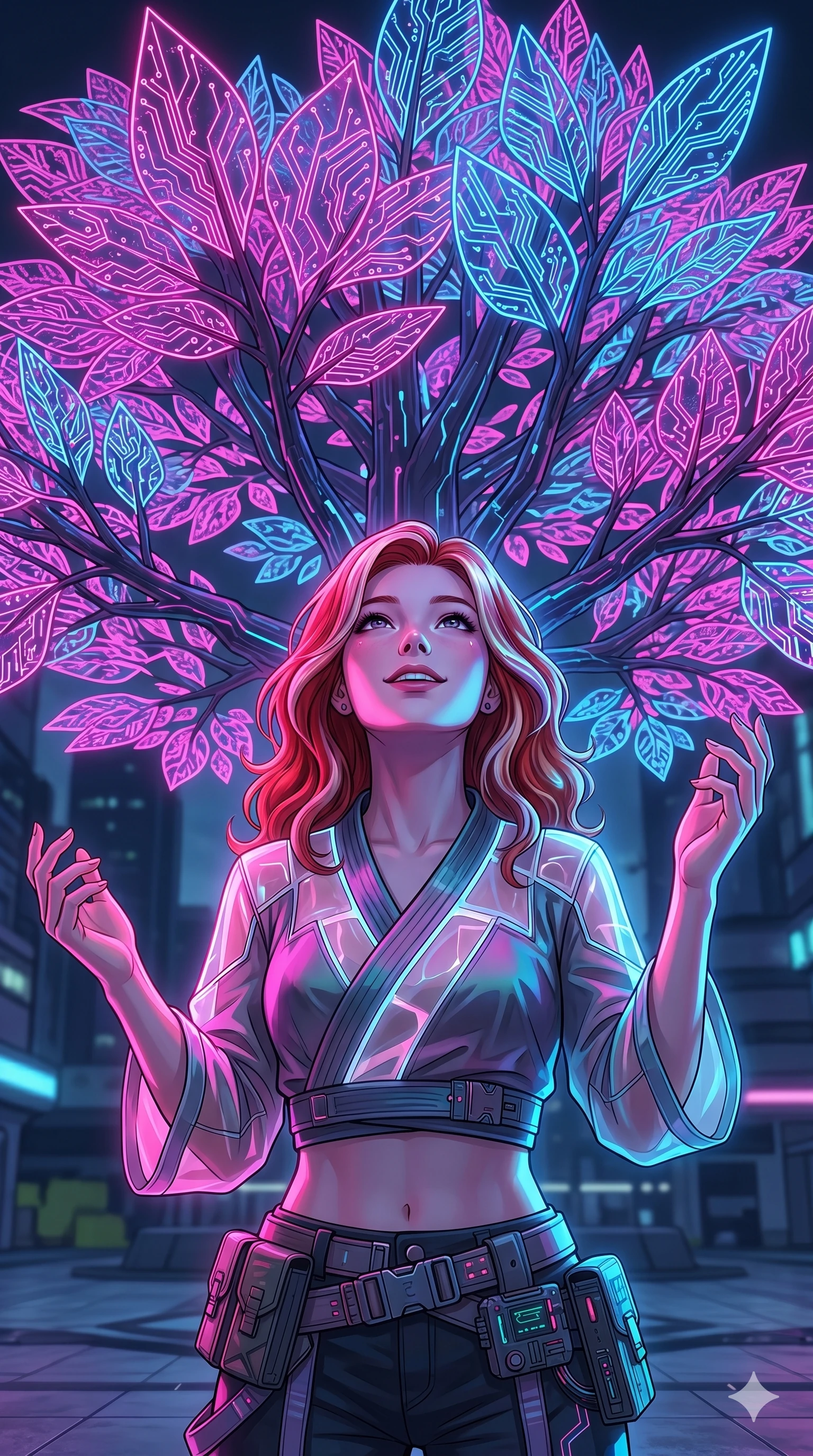 score_9, masterpiece, best quality, ultra-detailed, high-budget anime keyframe, Caucasian woman, strictly human ears. Upper body close-up from the thighs up, character filling the screen for maximum presence. Standing under a giant artificial tree with glowing neon leaves, looking up at the leaves, her face lit by colors with an awe-struck smile. She is wearing a cropped cyber-kimono wrap top with sheer panels and a utility belt. The scene is illuminated by the shifting pink and blue glow of the neon leaves. 2k, ultra detail, master piece, 9:16 ratio