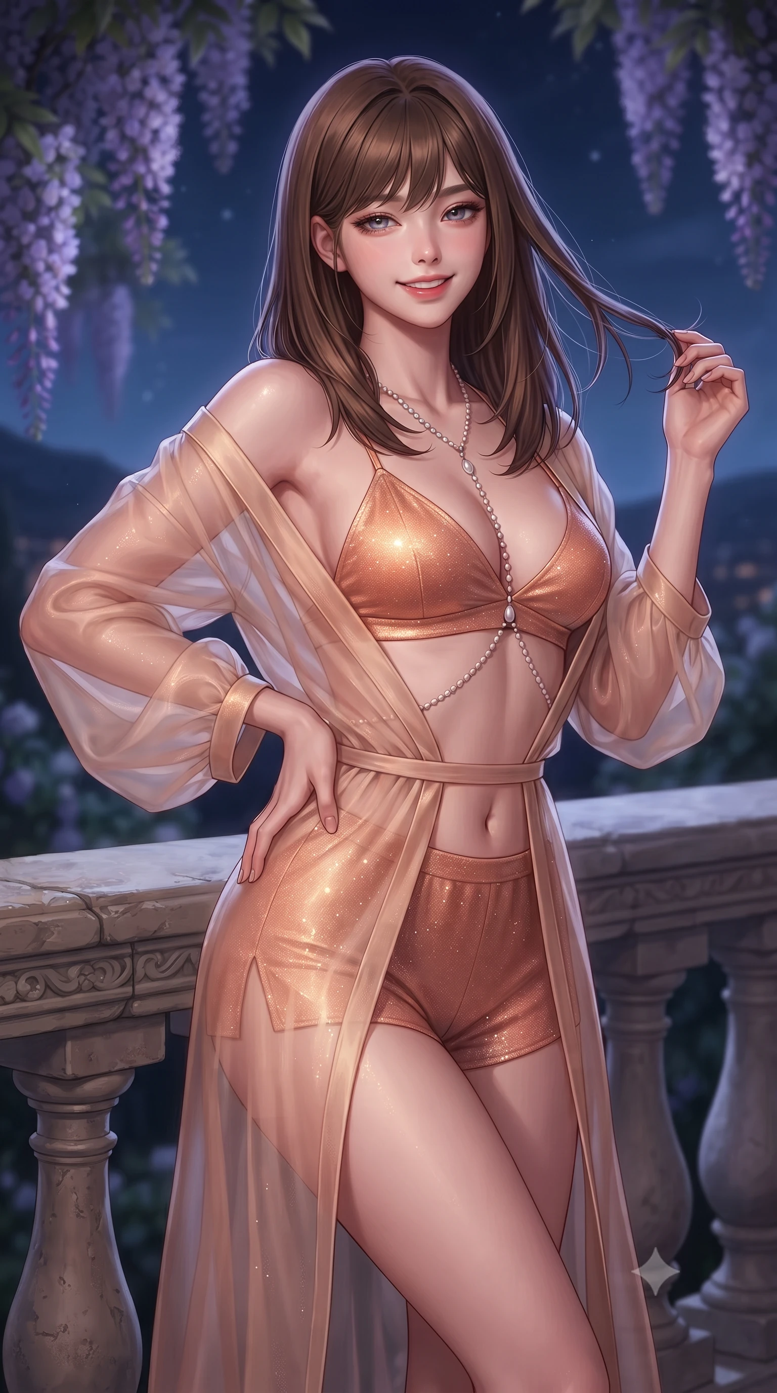 score_9, masterpiece, best quality, ultra-detailed, high-budget anime keyframe, editorial fashion photography, tasteful artistic composition, Korean woman. close-up cowboy shot from the waist and thighs up, the character dominates the composition, filling the frame with her large presence. twisting her slender torso in an alluring contrapposto stance, one hand resting on her sculpted hip while her fingers toy with her hair with effortless poise while leaning against the carved stone balustrade with hips cocked back, looking out over the fragrant nocturnal plateau with heavy-lidded bedroom-eyes. The background shows a soft-focus wisteria vines softened in romantic Provençal midnight shallow focus. She has an exceptionally elegant, slender, and willowy female figure with an ultra-slim waist, flat toned midriff, narrow ribcage, and sculpted feminine hips creating an alluring, slim hourglass silhouette without bulk. sharp v-shaped jawline, high-bridge nose, intricate jewel-like sparkling eyes with depth, thick eyelashes, glossy parted lips with a natural peach sheen, bright cheerful beaming smile with an enchanting and coquettish sensual glint, exuding both youthful cute charm and seductive allure, flawlessly proportioned anatomical accuracy, strict slender model proportions, natural body alignment, perfectly sculpted long slender limbs, ultra-slim waistline, clean dynamic posture without body distortion. wearing a sheer silk organza modern caftan robe worn loose and slipping off bare shoulders over a matching satin bralette and micro-shorts in Palm Springs desert sunset coral and warm honey champagne, woven from stretch metallic lurex jersey casting radiant starlight glints across her curves, accented with a pearl-drop body harness subtly framing her dewy collarbones and spine, the high-slit wrap tailoring accentuating her ultra-slim waistline and the enchanting curve of her feminine hips with alluring seductive charm. illuminated by terrace stone bounce and sharp silver-lavender rim lights sculpting her razor-sharp jawline, narrow waist, and curvy hips. ultra-reflective glossy finish, specular highlights, rich textural contrasts, high-contrast stereoscopic depth, volumetric dynamic lighting, 2k, ultra detail, master piece, 9:16 ratio