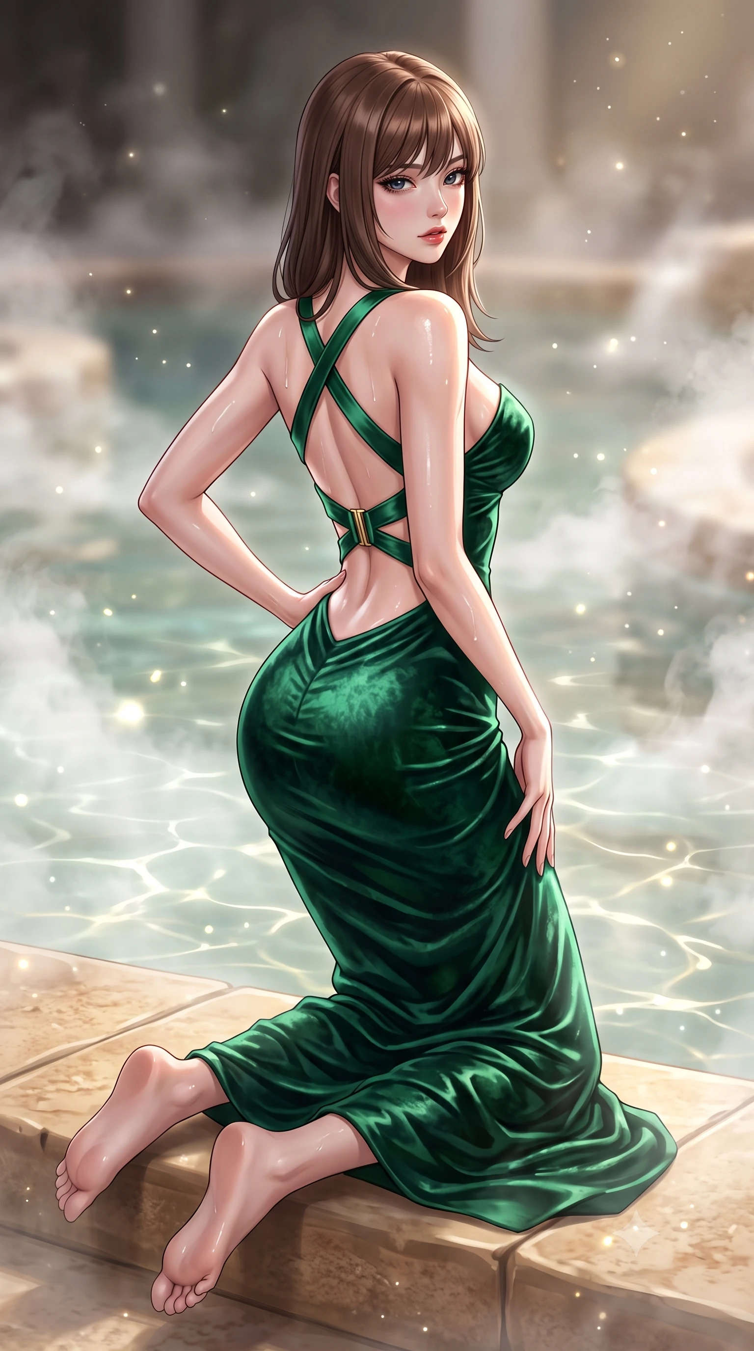 score_9, masterpiece, best quality, ultra-detailed, high-budget anime keyframe, semi-realistic 3D game render, editorial fashion photography, tasteful artistic composition, Korean woman. low angle full-body shot from head to toe showing her feet, filling the entire 9:16 vertical frame with her statuesque presence, stretching her vertical silhouette. posing with back turned slightly to the lens, glancing back with smoldering allure as she arches her lower back to emphasize her sculpted feminine hips and slender waist while kneeling gracefully on the warm silica stone pool step with one hand on her hip, thermal steam rising to frame her feminine silhouette. The composition keeps background elements in soft focus with creamy bokeh. shimmering silica water caustics and drifting steam particles scattering ethereal glowing light motes. She has an exceptionally tall and slender model-like 8.5-heads proportion, an ultra-slim waist, a flat toned midriff, narrow delicate ribcage, and beautifully sculpted feminine hips creating a graceful, slim hourglass silhouette without any bulky heaviness, with impossibly long slender legs. sharp v-shaped jawline, high-bridge nose, intricate jewel-like eyes with depth, thick eyelashes, glossy parted lips with a natural sheen, intensely captivating and seductive bedroom-eyes expression, flawlessly proportioned anatomical accuracy, strict slender model proportions, natural body alignment, perfectly sculpted long slender limbs, ultra-slim waistline, clean dynamic posture without body distortion. wearing a deep sweetheart neckline crushed velvet corseted ballgown with an exposed midriff cutout in deep emerald green satin and gold hardware, crafted from heavyweight crushed silk velvet with liquid vintage luster, finished with criss-cross back satin straps highlighting her graceful shoulder blades, the dramatically scooped open back descending to the base of her spine, accentuating her razor-sharp statuesque lines and slim hourglass silhouette. illuminated by wet specular highlights accentuating her slender neckline, sculpted waist, and rounded hips. highly saturated vibrant anime colors, detailed shading with soft gradients, rich glossy textures, high-contrast stereoscopic depth, volumetric dynamic lighting, master piece, 9:16 ratio