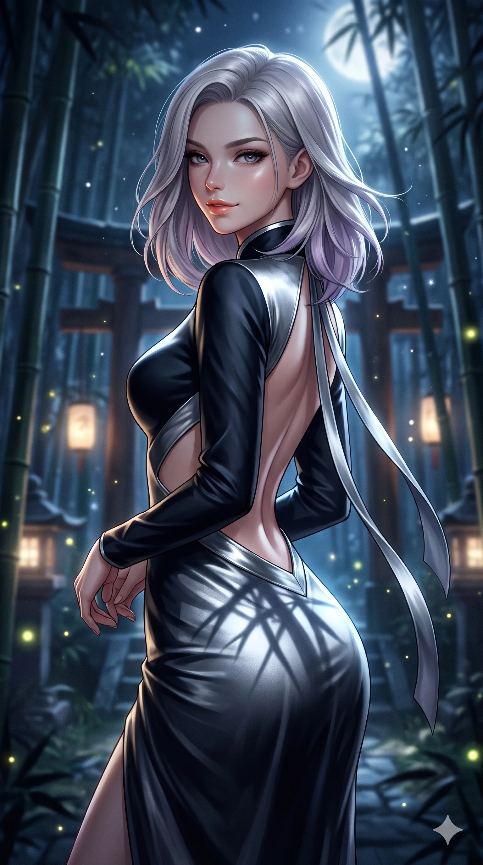 score_9, masterpiece, best quality, ultra-detailed, high-budget anime keyframe, semi-realistic 3D game render, editorial fashion photography, tasteful artistic composition, Caucasian woman. close-up cowboy shot from the waist and thighs up, the character dominates the composition, filling the frame with her large presence. turning slowly with an enchanting smoldering smile, her glossy hair tossing in the breeze as her hips angle gracefully in a captivating contrapposto while twisting her slender torso in an alluring contrapposto stance, moonlight filtering through bamboo leaves tracing her flat midriff. The background shows a soft-focus mystical bamboo forest shrine softened in atmospheric nocturnal shallow focus. She has an exceptionally elegant, slender, and willowy female figure with an ultra-slim waist, flat toned midriff, narrow ribcage, and sculpted feminine hips creating an alluring, slim hourglass silhouette without bulk. sharp v-shaped jawline, high-bridge nose, sparkling eyes with hypnotic seductive depth, thick curled eyelashes, glossy parted lips with a natural dewy peach sheen, alluring bedroom-eyes with an enchanting coquettish smile, exuding magnetic siren charisma and sophisticated glamour, flawlessly proportioned anatomical accuracy, strict slender model proportions, natural body alignment, perfectly sculpted long slender limbs, ultra-slim waistline, clean dynamic posture without body distortion. wearing a tailored silk faille evening gown with traditional curved dongjeong collar and tailored sleeves in liquid mercury chrome and deep ink black, tailored from heavy double-faced silk faille with an exceptionally fluid drape, finished with long silk ribbon ties fluttering down her bare spine from a backless halter, the impeccably tailored cut draping gracefully along her slender figure with aristocratic eastern poise. bathed in crisp silver moonlight filtering down through dense bamboo canopies creating intricate linear shadows. highly saturated vibrant anime colors, detailed shading with soft gradients, rich glossy textures, high-contrast stereoscopic depth, volumetric dynamic lighting, master piece, 9:16 ratio