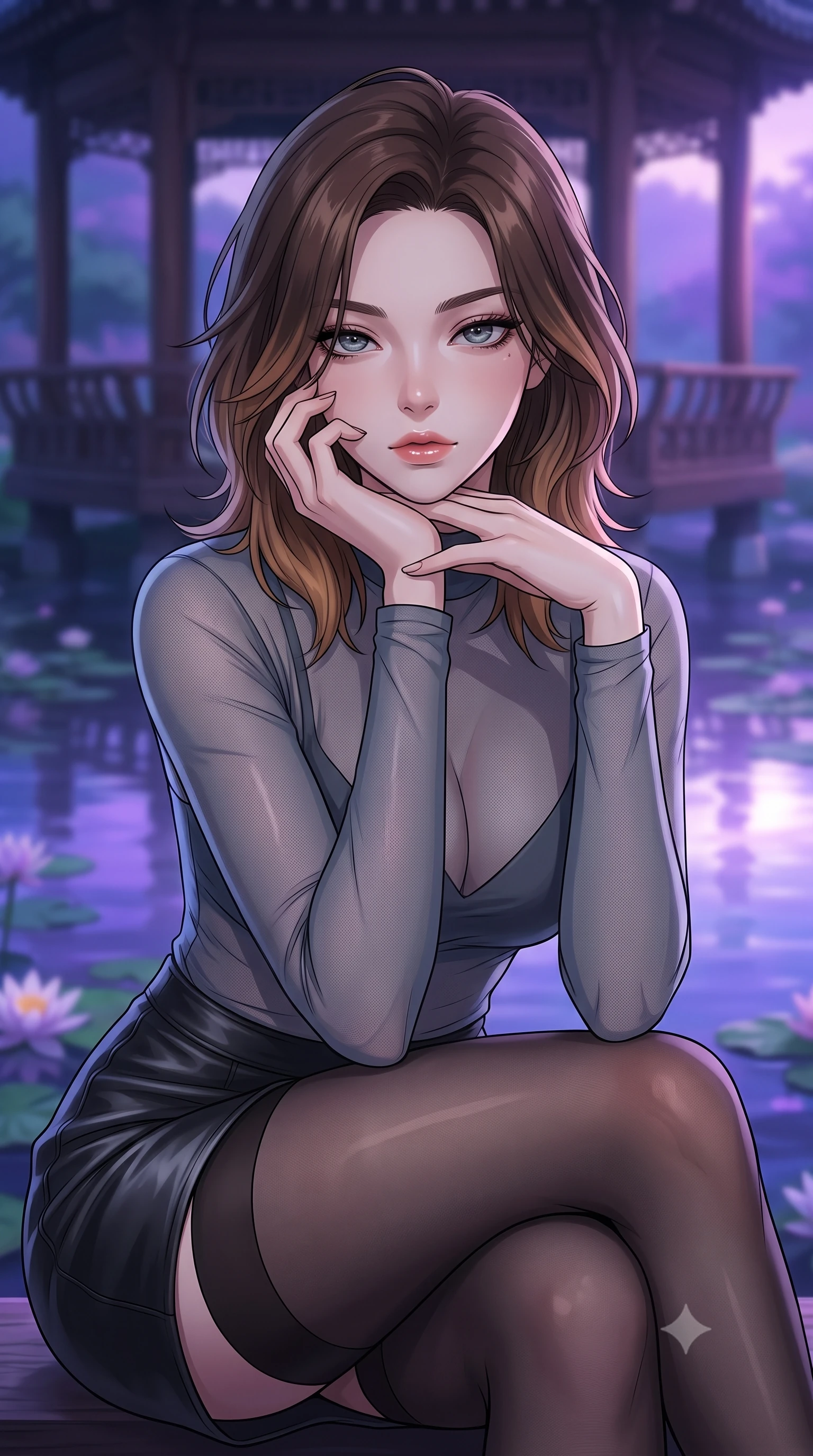 score_9, masterpiece, best quality, ultra-detailed, high-budget anime keyframe, tasteful artistic composition, Korean woman. close-up cowboy shot from the waist and thighs up, the character dominates the composition, filling the frame with her large presence, background elements kept in soft focus. resting her chin on the backs of her fingers, casting a heavy-lidded, sultry look past the camera the background shows a soft-focus an old wooden pavilion overlooking a calm pond filled with blooming water lilies. She has an exceptionally elegant, slender, and willowy female figure with an ultra-slim waist, a gracefully sculpted slender torso, and a refined silhouette. sharp v-shaped jawline, high-bridge nose, intricate jewel-like eyes with depth, thick eyelashes, glossy lips with a natural sheen. wearing a form-contouring semi-transparent mesh top in slate grey, paired with a leather mini skirt and sheer stockings. the serene purple and blue hues of twilight reflecting on the still water. highly saturated vibrant anime colors, cel-shading, 2d style, master piece, 9:16 ratio