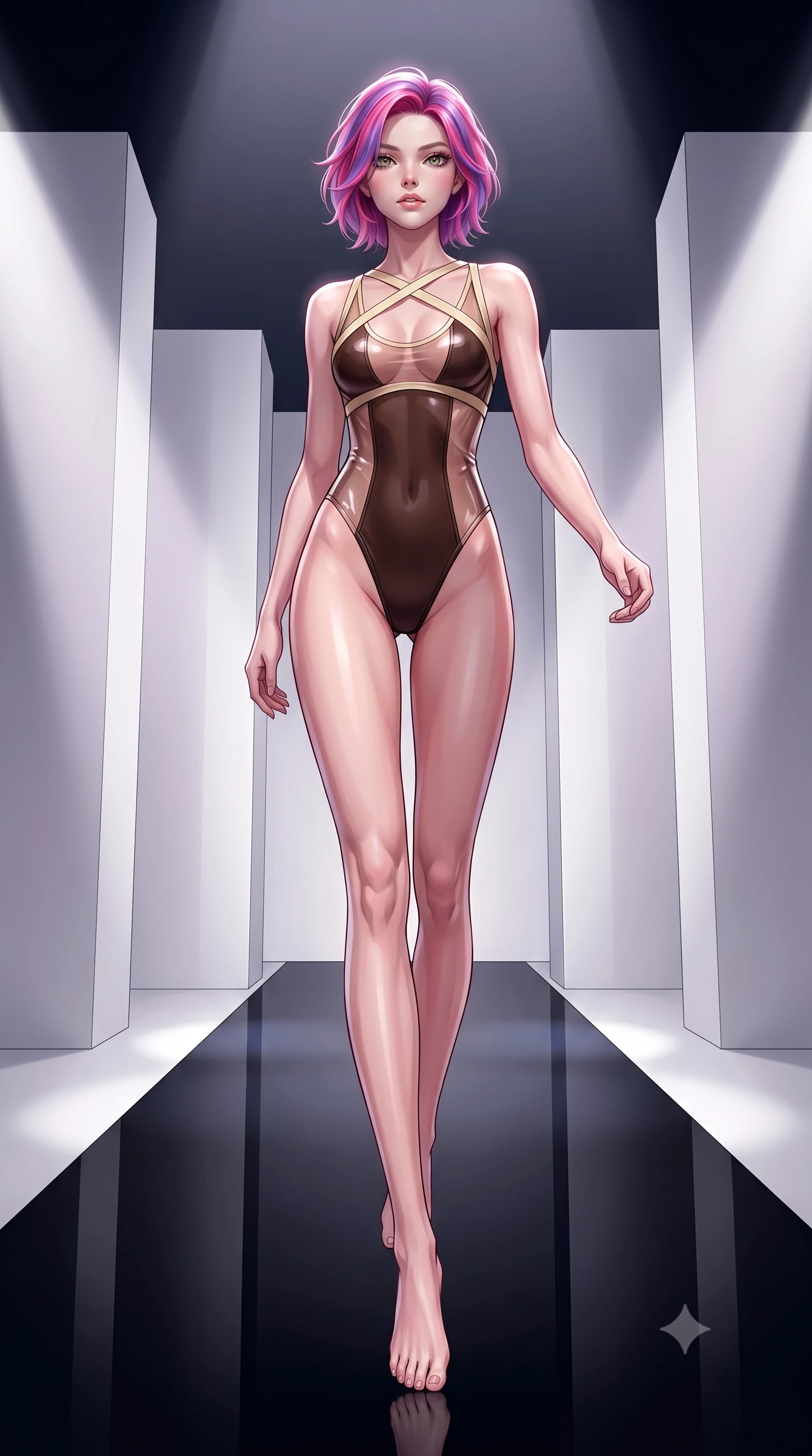 score_9, masterpiece, best quality, ultra-detailed, high-budget anime keyframe, editorial fashion photography, tasteful artistic composition, Caucasian woman. low angle full-body shot from head to toe showing her feet, filling the entire 9:16 vertical frame with her statuesque presence, stretching her vertical silhouette. leaping gracefully through the environment with statuesque elegance and long slender legs walking down a reflective black runway surrounded by dramatic fashion spotlights, ultra-clean white architectural lines creating a minimalist high-end frame. She has an absolutely perfect, statuesque 8.5-heads proportion, an exceptionally tall and slender model-like female figure with impossibly long slender legs and an ultra-slim waist. sharp v-shaped jawline, high-bridge nose, intricate jewel-like eyes with depth, thick eyelashes, glossy lips with a natural sheen. wearing a high-cut translucent vinyl leotard with front paneling and open back in espresso brown and warm cream, formed from sleek second-skin neoprene, complemented by criss-cross back straps highlighting her bare shoulders, the elegant draped fit framing her graceful clavicle and slender torso. surrounded by a sophisticated, high-fashion gallery illumination. highly saturated vibrant anime colors, detailed shading with soft gradients, rich glossy textures, high-contrast stereoscopic depth, volumetric dynamic lighting, master piece, 9:16 ratio