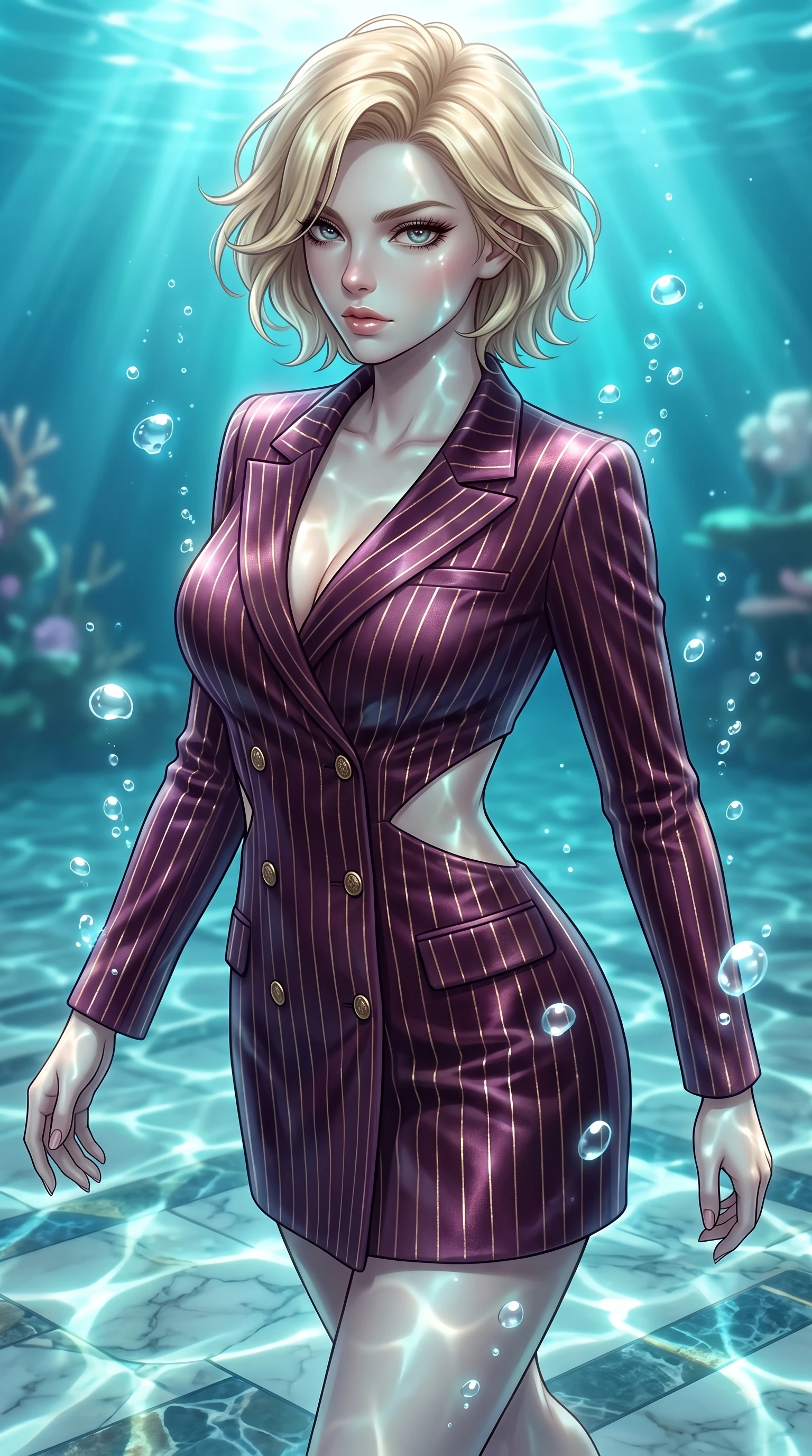 score_9, masterpiece, best quality, ultra-detailed, high-budget anime keyframe, editorial fashion photography, tasteful artistic composition, Caucasian woman. close-up cowboy shot from the waist and thighs up, the character dominates the composition, filling the frame with her large presence, background elements kept in soft focus. Gazing past the lens with smoldering intensity as her torso curves dynamically in mid-stride while gliding over a mosaic marble floor illuminated by shimmering underwater caustic ripples, rising bioluminescent bubbles casting soft pearl-like highlights on her athletic build. She has an exceptionally elegant, slender, and willowy female figure with an ultra-slim waist, a gracefully sculpted slender torso, and a refined silhouette. sharp v-shaped jawline, high-bridge nose, intricate jewel-like eyes with depth, thick eyelashes, glossy lips with a natural sheen, flawlessly proportioned anatomical accuracy, natural body alignment, perfectly sculpted elegant limbs, clean dynamic posture without body distortion. wearing a double-breasted blazer dress with subtle metallic pin-stripes in plum purple and gold filigree, made of premium stretch velvet with a rich sheen, featuring subtle geometric cutouts that highlight her ultra-slim midriff, the form-contouring material highlighting her ultra-slim waist and long lines. bathed in brilliant underwater sunbeams and soft turquoise caustic glow. highly saturated vibrant anime colors, detailed shading with soft gradients, rich glossy textures, high-contrast stereoscopic depth, volumetric dynamic lighting, master piece, 9:16 ratio
